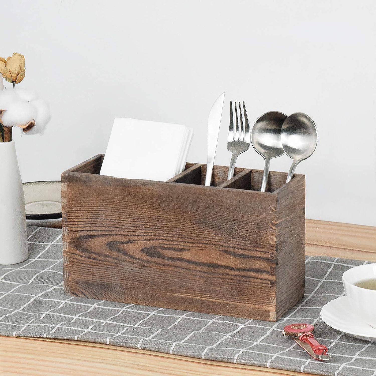 WuGeShop Rustic Utensil Caddy, 4 Adjustable Compartments Wooden Silverware Caddy, Upgraded Version kitchen Utensil Holders for Countertop