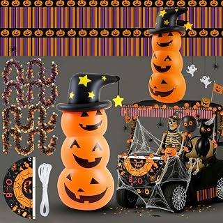 Hungdao 5ft Halloween Inflatable Pumpkin Halloween Golf Cart Decorations Kit PVC Blow Ups Pumpkins Tinsel Garlands Tinsel Streamers Fan Flag, Reusable Outdoor Pool Floats Decoration for Parade Yard