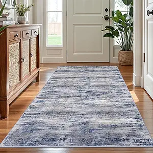 KOZYFLY 4x6 Area Rug Modern Ombre Washable Rugs for Bedroom Non-Slip Soft Striped Living Room Rugs, Print Distressed Grey-Blue Abstract Carpet for Laundry Nursery
