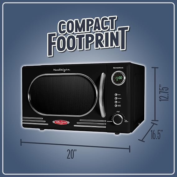 Nostalgia NRMO11BK6A 1000 Watt Power Retro Countertop Microwave Oven Easy to Clean with Removable Glass Turntable-Child Safety Lock-12 Programs-Digital Clock, 1.1 Cu Ft, Black