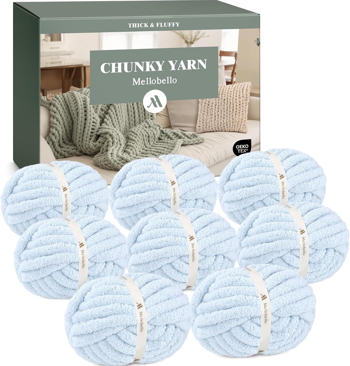 Mellobello Jumbo Chunky Yarn for Hand Knitting - Super Thick Chenille Chunky Yarn for Crocheting - Extra Soft Bulky Fluffy Blanket Big Yarn 8 Jumbo Pack (27yds,8 oz Each Skein) Sky Blue