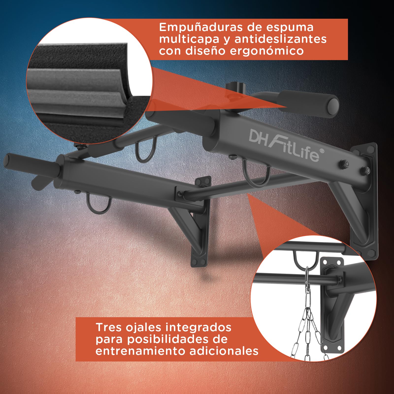 DH FitLife Barra de Dominadas Pared 4 en 1 con Tacos de Expansión | Pull-Up Bar Multifuncional para Casa | Hasta 200 kg | 6 Asas Antideslizantes | 3 Ojales para Saco de Boxeo y Cintas de Suspensión