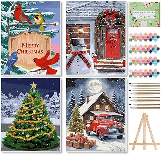 Ninonly Christmas Paint by Numbers Kit for Adults Beginner, 4 Pack Framed Adults' Paint by Number Kits Art with Wooden Easel, Brushes, Acrylic Painting, Christmas Gifts Decor, 9 * 12 Inch
