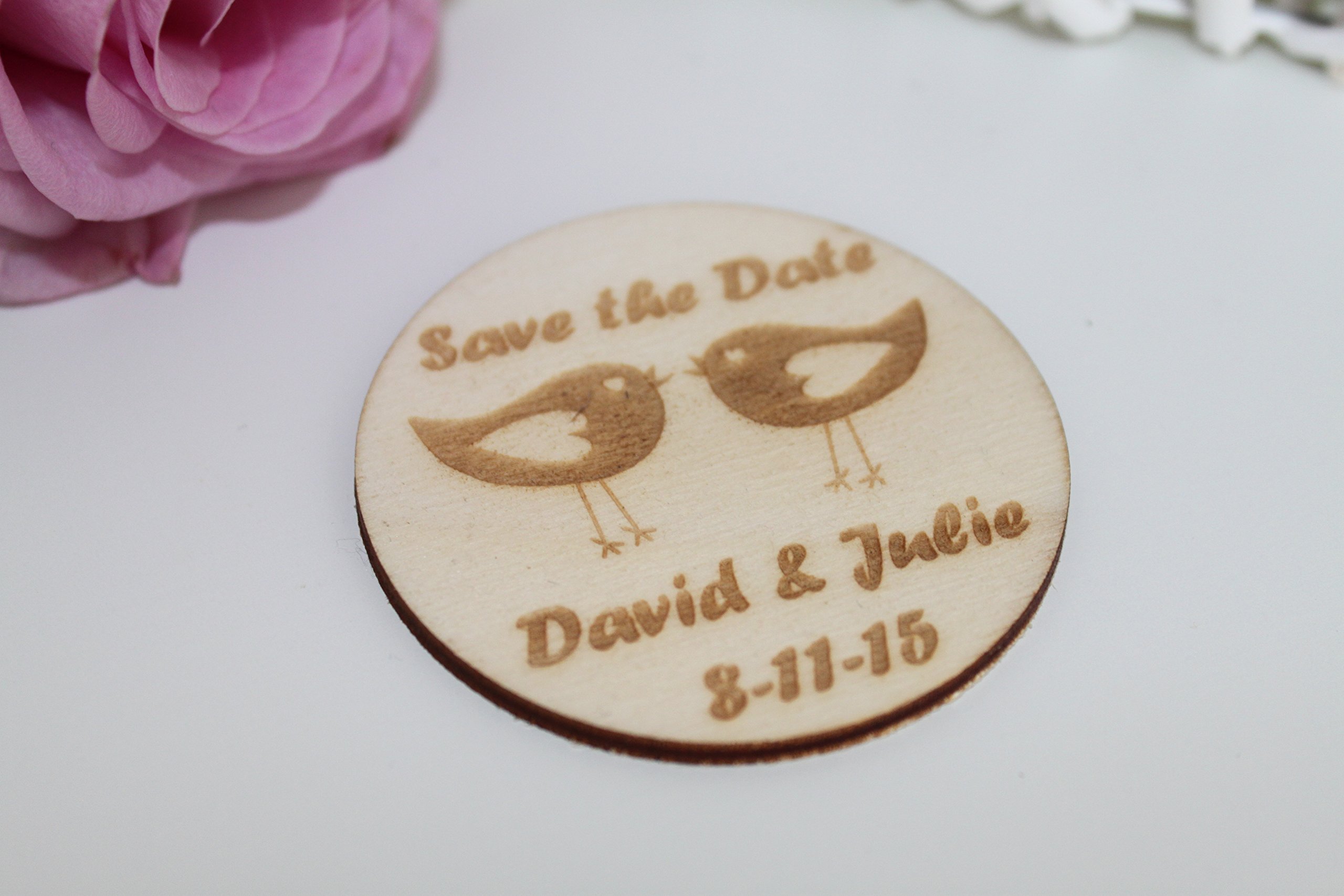 Aimants de mariage personnalisés en bois précieux avec gravure Love Birds