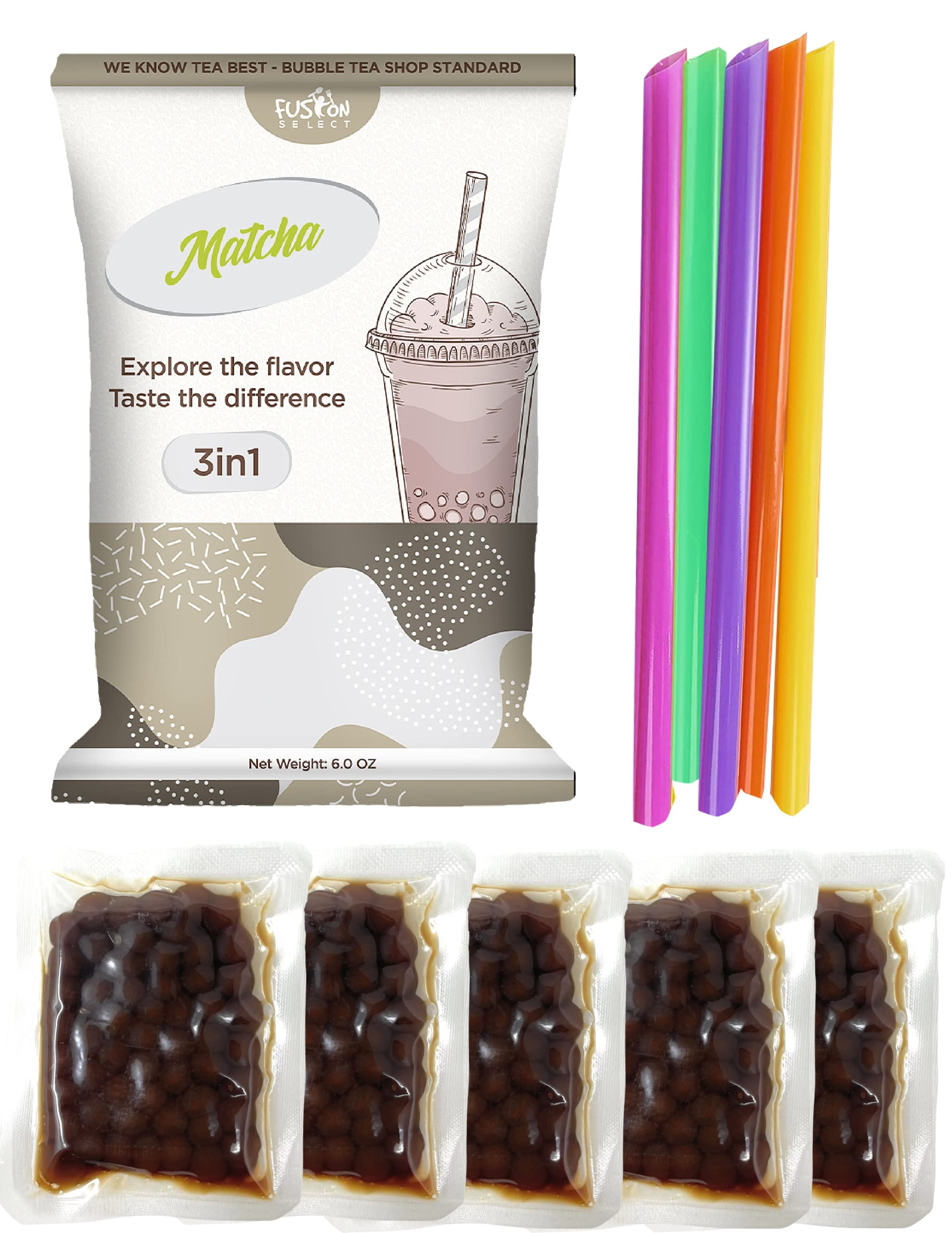 Fusion Select Authentic Matcha Bubble Tea Kit Extra Rich (5 Packs) Bubble Tea Drink, Boba Tapioca Pearl, Straws, Popular Bubble Tea Flavors