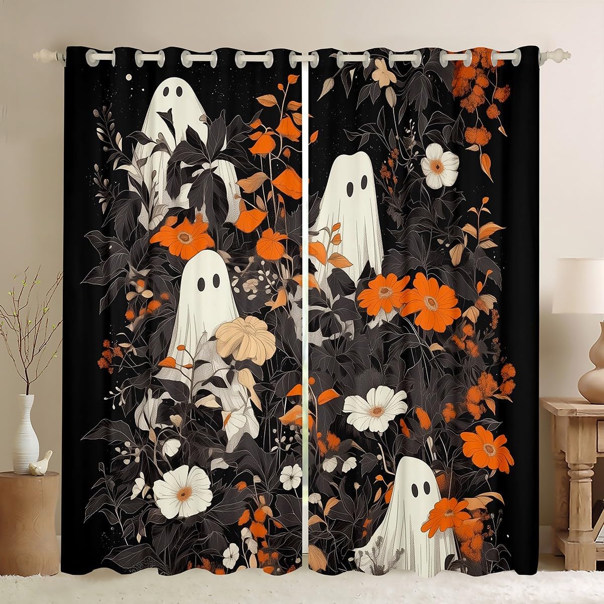 Halloween Ghost Window Curtain,Cute Ghost Daisy Curtains,Kids Girls Boys Room Decor,Watercolor Autumn Pumpkin Lantern Window Treatment Curtain Vintage Rustic Style Window Drapes,2 Panels,52Wx96L