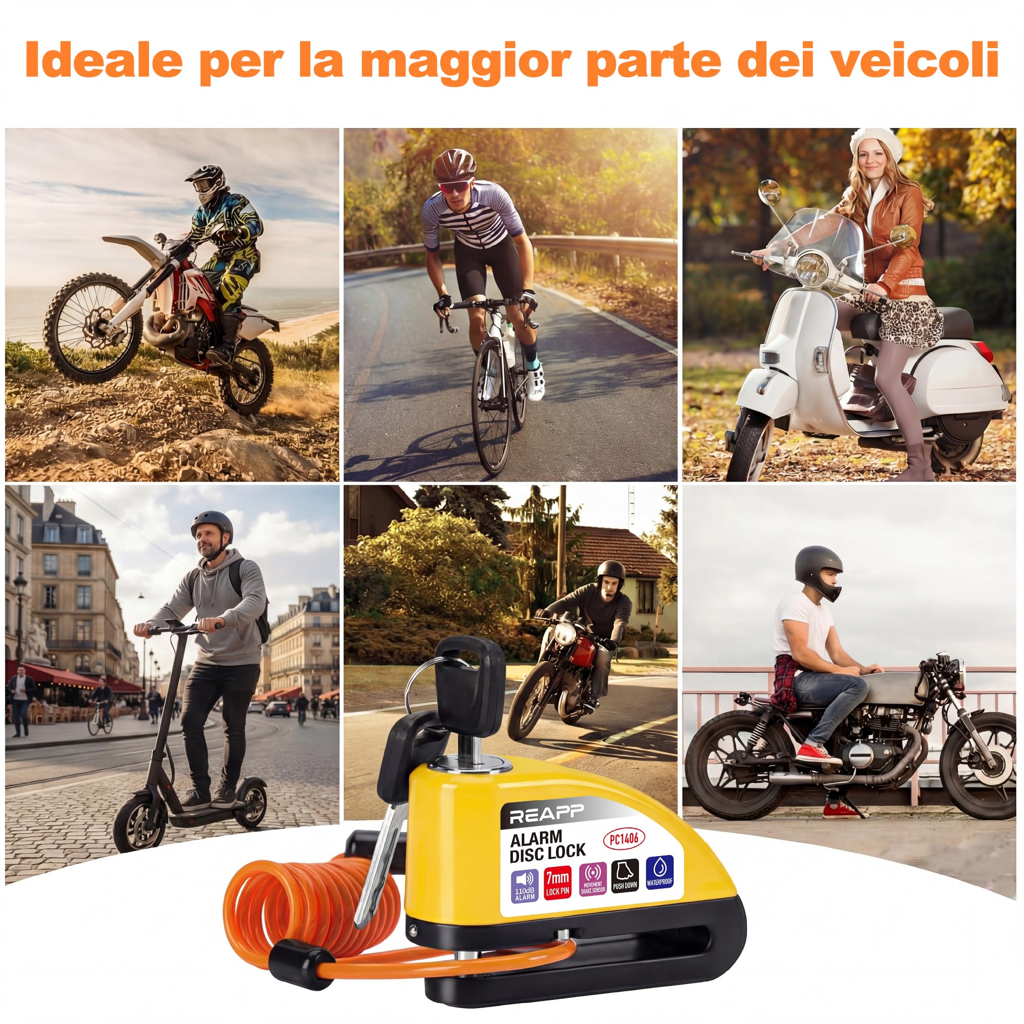 REAPP Bloccadisco Moto Lucchetto Moto Antifurto con Allarme Sonoro 110DB, Blocca disco Protezione Antifurto per Bici Motorino Moped Motocross, Accessori con 2 chiavi und 1.5m Reminder