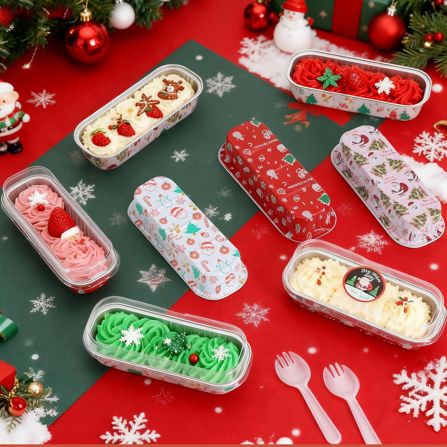 100Pack Christmas Mixcolor Mini Cake Pans with Lids and Spoons Mini Loaf Pans with Lids, 6.8Oz Aluminum Foil Pans Tins, Individual Dessert Cups Containers for Sales,Party,Picnics - Image 4