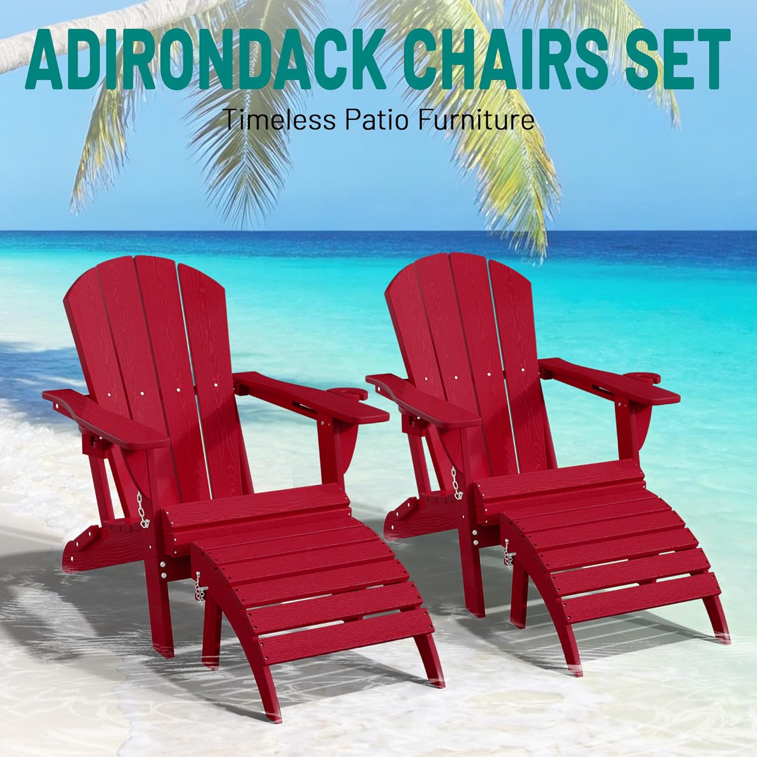 PLUUV Folding Adirondack Chair Set of 2, Oversized HDPE Patio Chair with 2 Cup Holders, 380 LBS Capacity, All-Weather Weather Resistant Fire Pit Chair for Backyard, Deck, Lawn, Red
