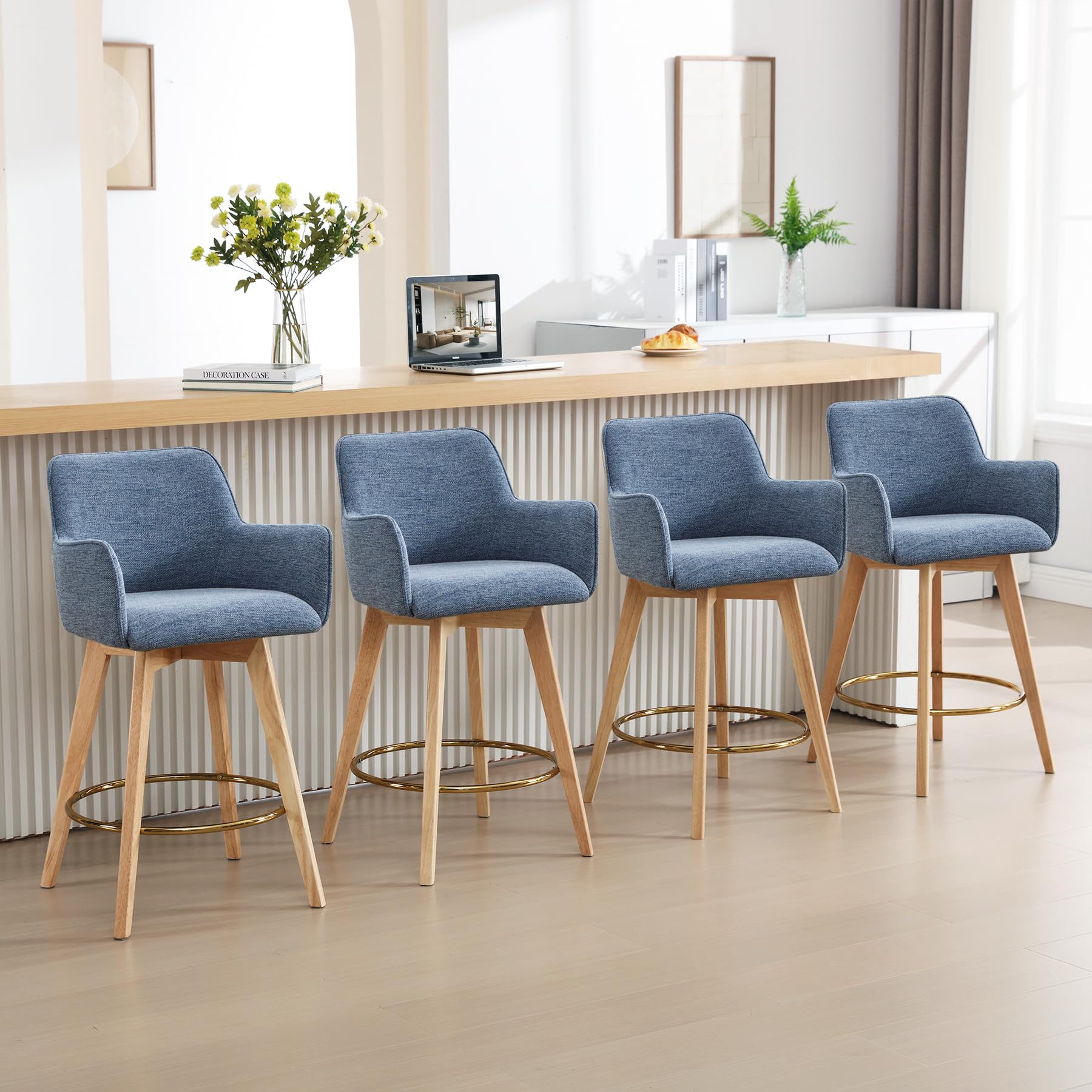 ONEVOG Modern 26" Counter Height Bar Stools Set of 4, Swivel Kitchen Island Tall Chairs with Back, Arm, Footrest and Solid Wood Legs, Linen Fabric