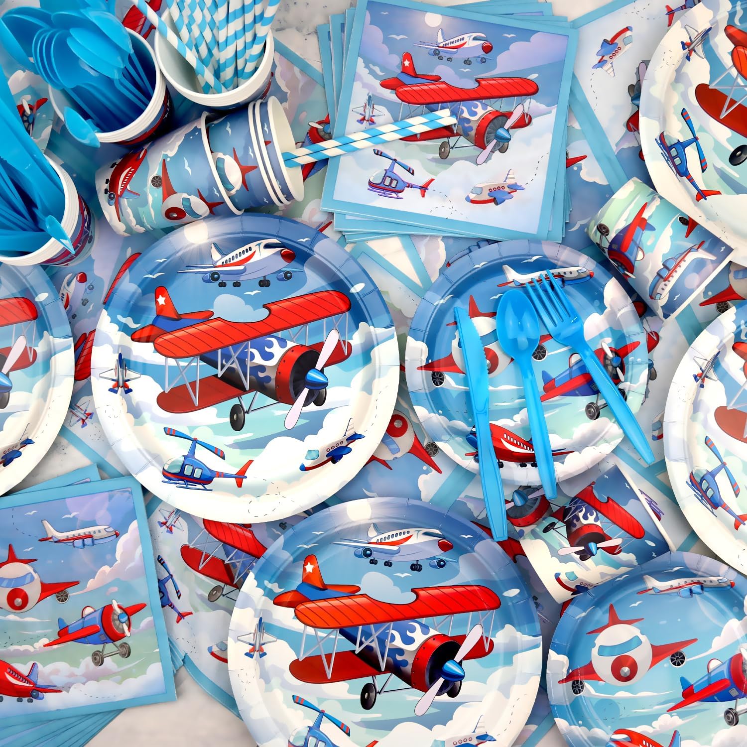 Airplane Birthday Party Decorations - Airplane Party Supplies, Plates Cups Napkins Tablecloth Happy Birthday Banner Balloon Cake Toppers for Plane Theme Party Baby Shower Supplies
