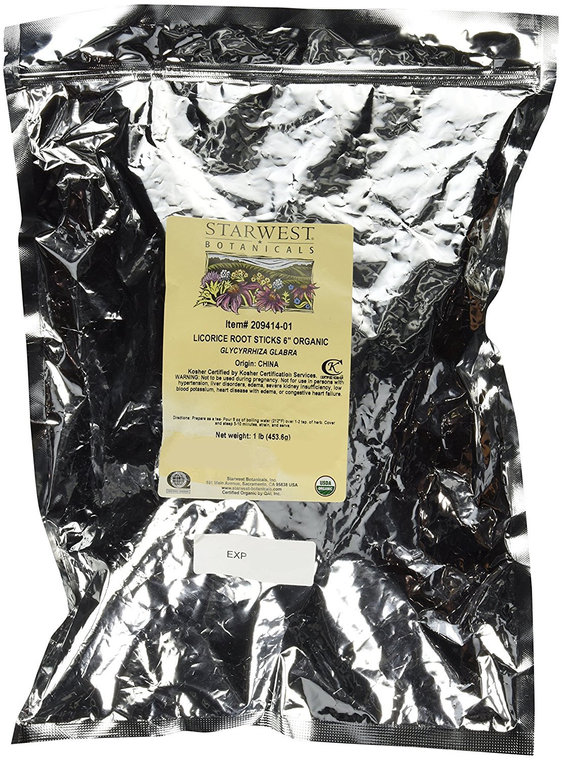 Starwest Botanicals Organic 6" Licorice Root Sticks, 1 PoundUSDA Organic