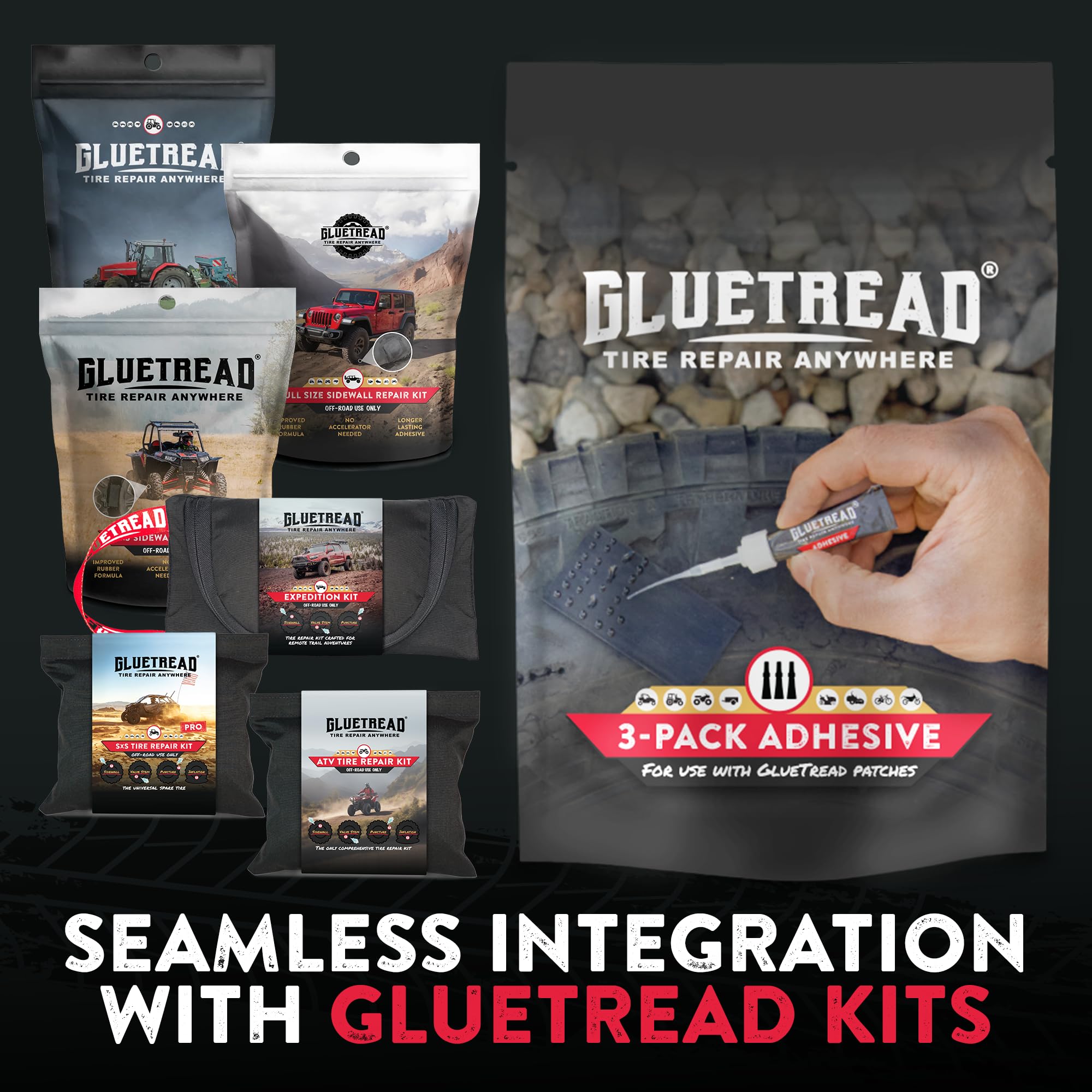 GlueTread 3 Stück Extra selbstklebende Aufkleber für Seitenwand Reifen Reparaturset für ATV, Gummi auf Gummi Aufkleber