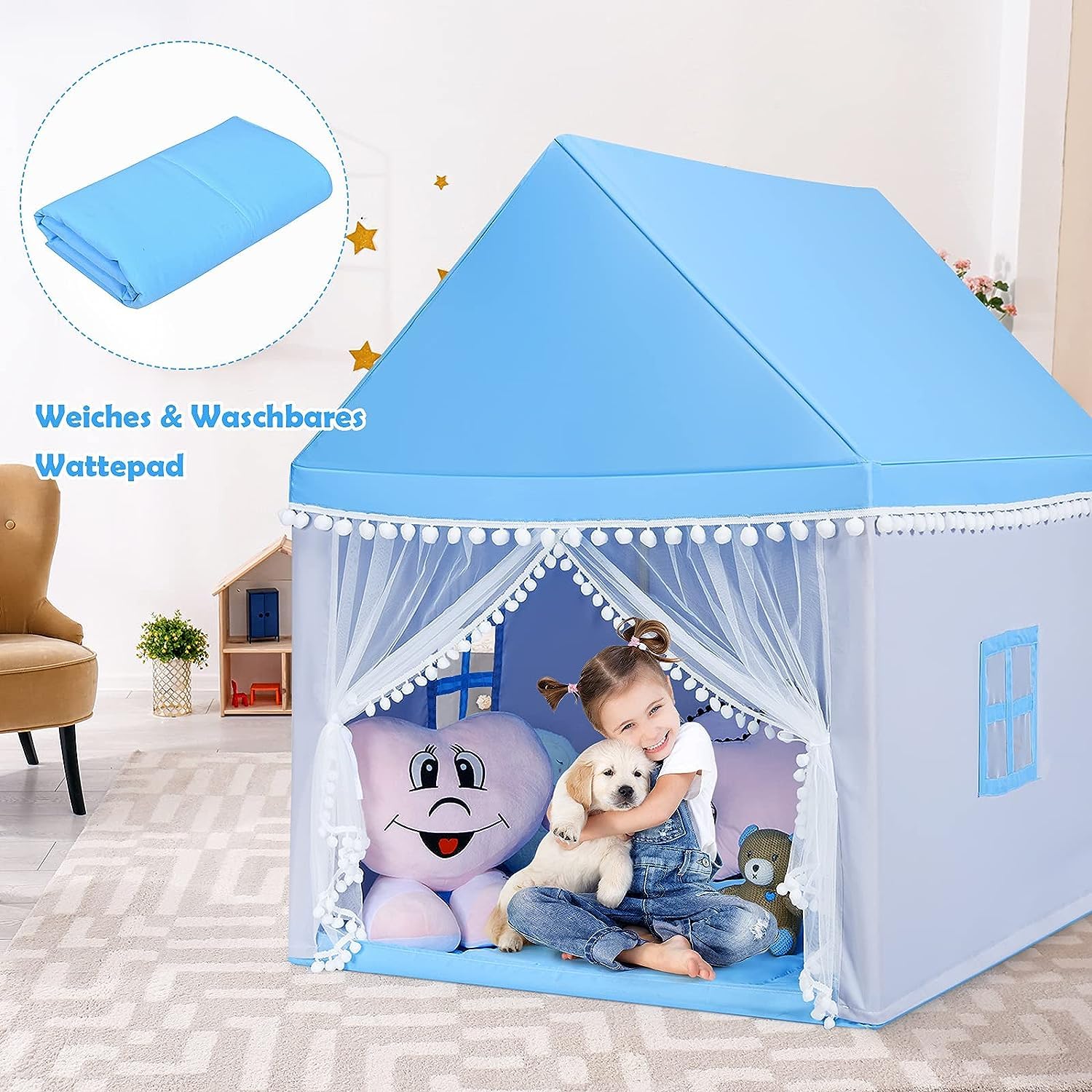 RELAX4LIFE Kinderspielzelt für Jungen & Mädchen, Spielhaus Prinzessin Prinzess, Kinderzelt mit Fenster & Matte, Spielzelt Kinder, für Indoor & Outdoor, 105 x 120 x 140 cm, Geschenk für Kinder (Blau)