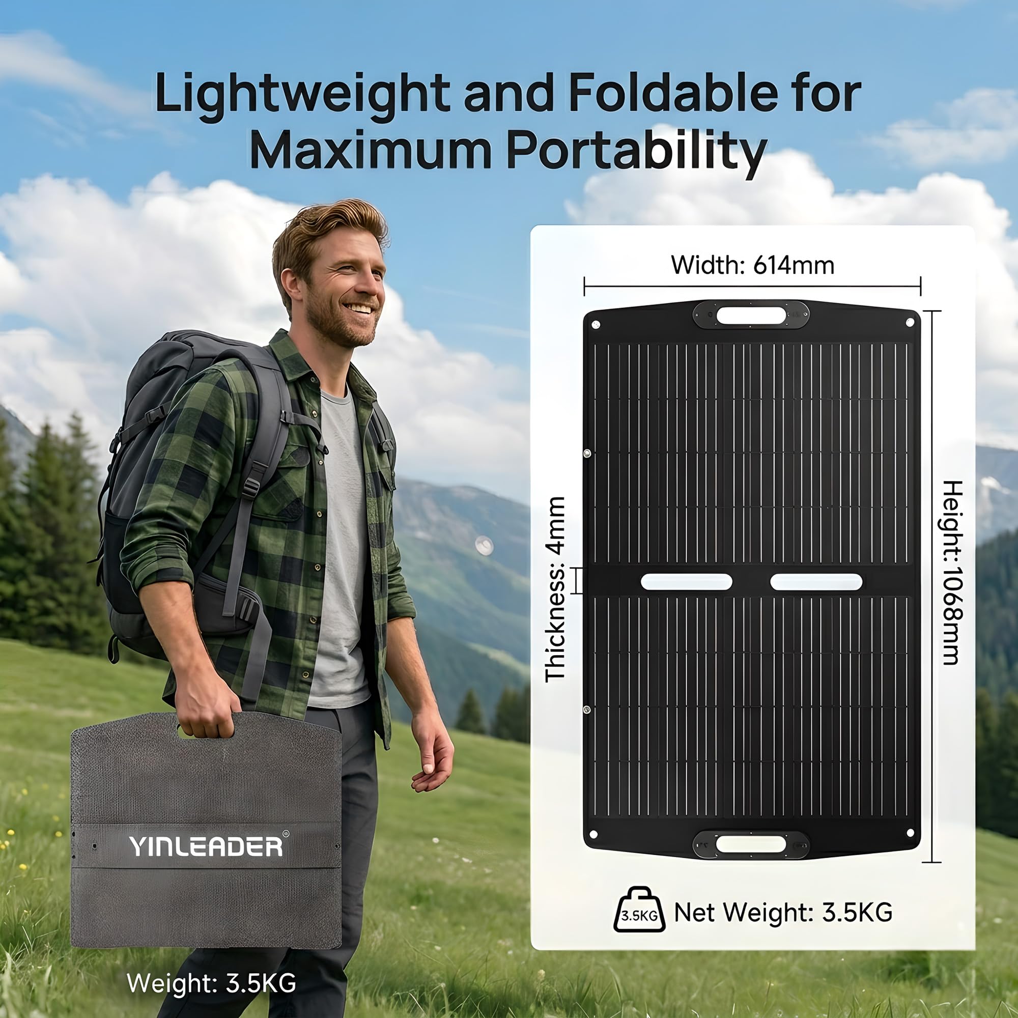 Yinleader Panneau Solaire Portable 100W 22.5% Monocristallin Pliable avec 4 Connecteurs (DC7909/DC5525/DC35135/XT60) IP65 pour Station Électrique Camping-Car
