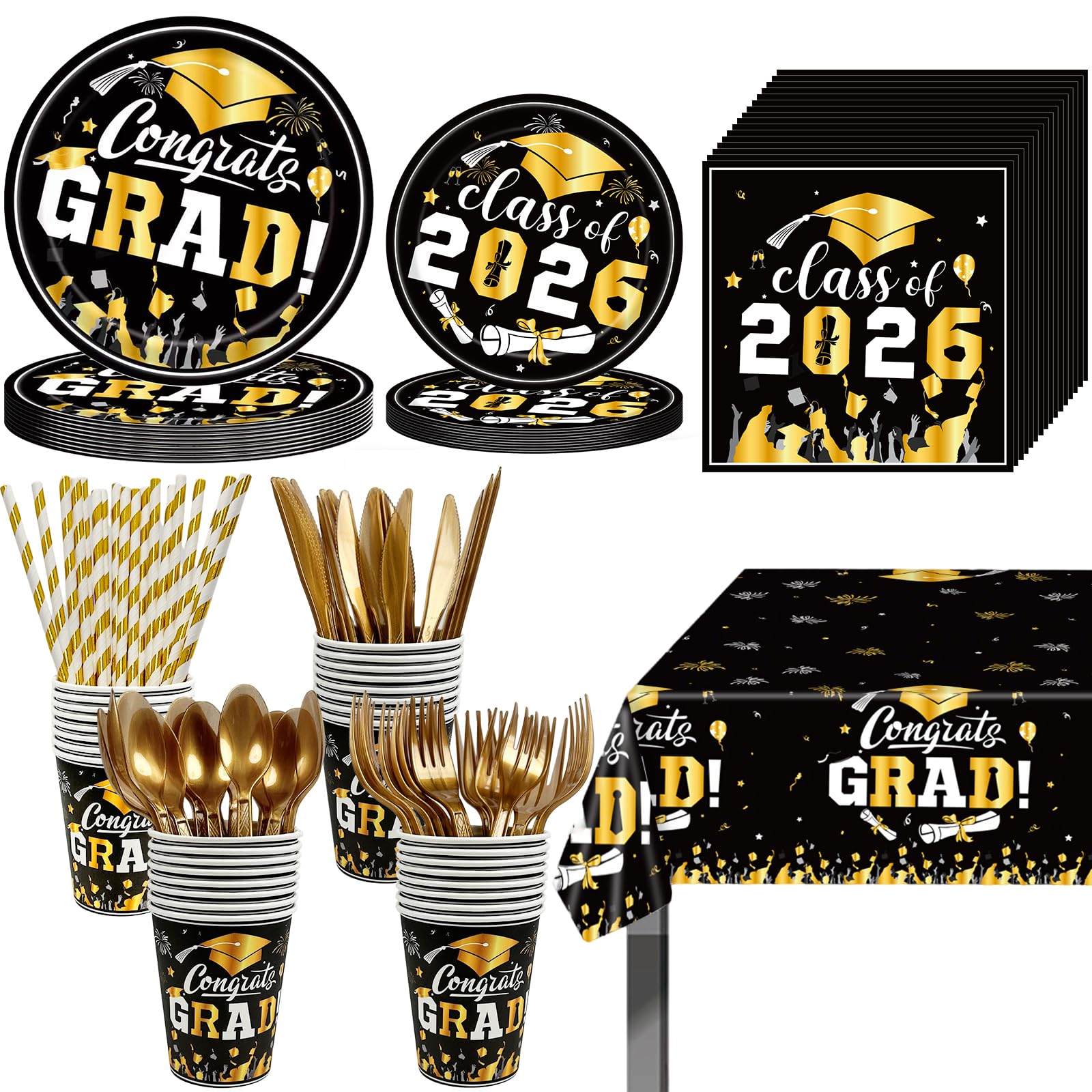 Photo 1 of LAIAMER 194 Pcs Graduation Paper Plates & Napkins 2026,Class of 2026 Plates & Napkins Grad Dinnerware Disposable Including Cup Straw Plastic Cutlery Banner Tablecloth for Graduation Party Supplies