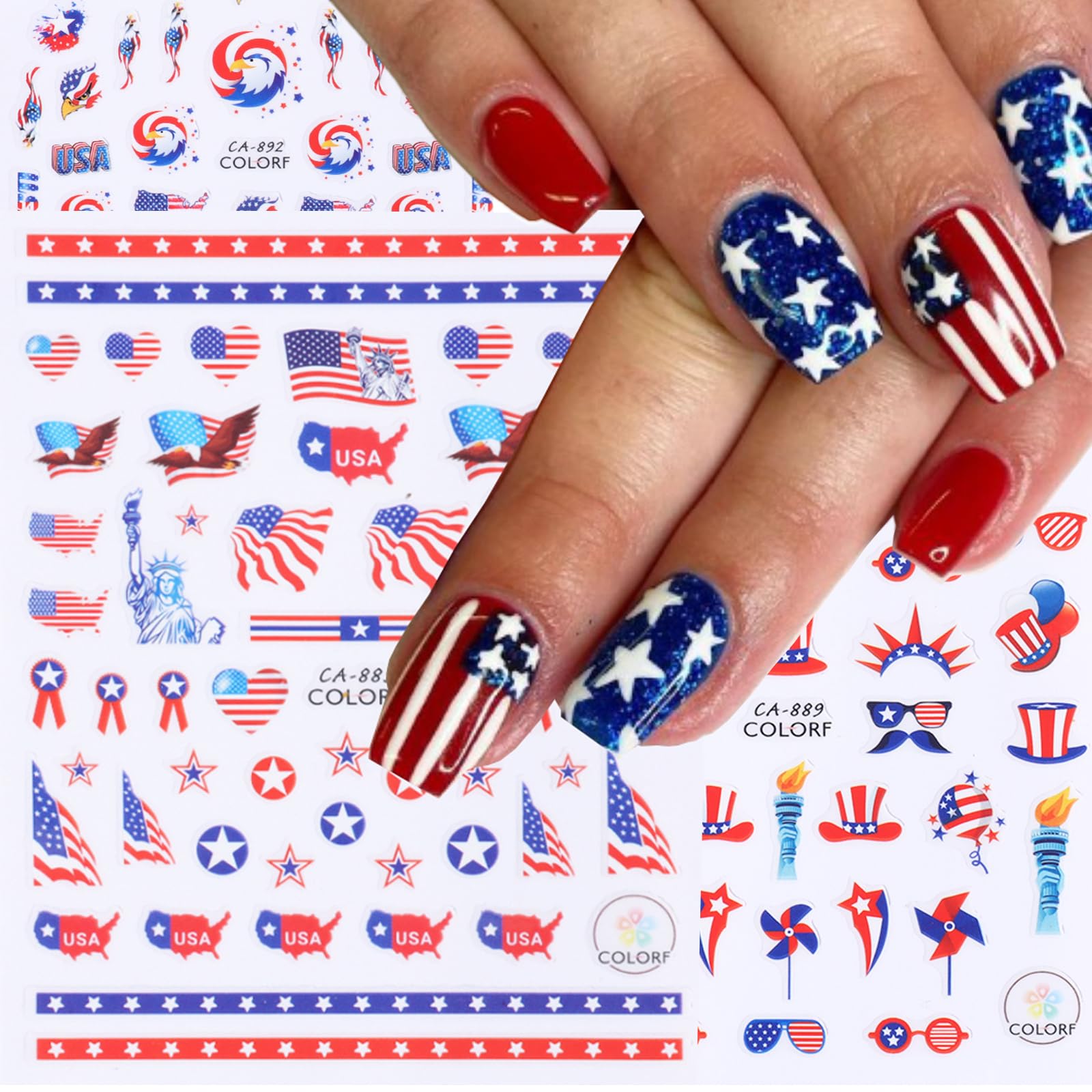 4th of July Nail Stickers Independence Day Nail Art Decals American Flag Self-Adhesive Nail Sticker for Patriotic 10 Sheets 3D Nail Stickers Nail