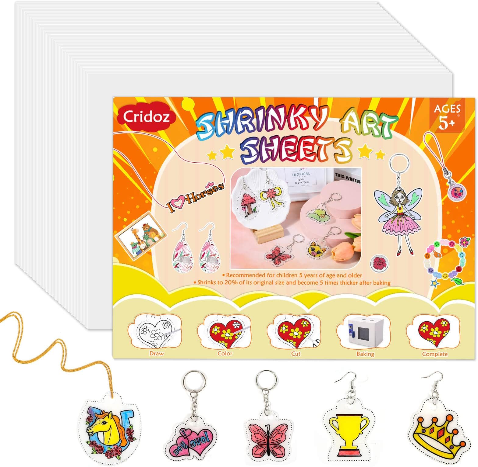 Cridoz Shrinky Dink Paper, 50Pcs Shrinky Dink Sheets Shrink Plastic Film for Keychains and Kids Creative Art Craft Marking