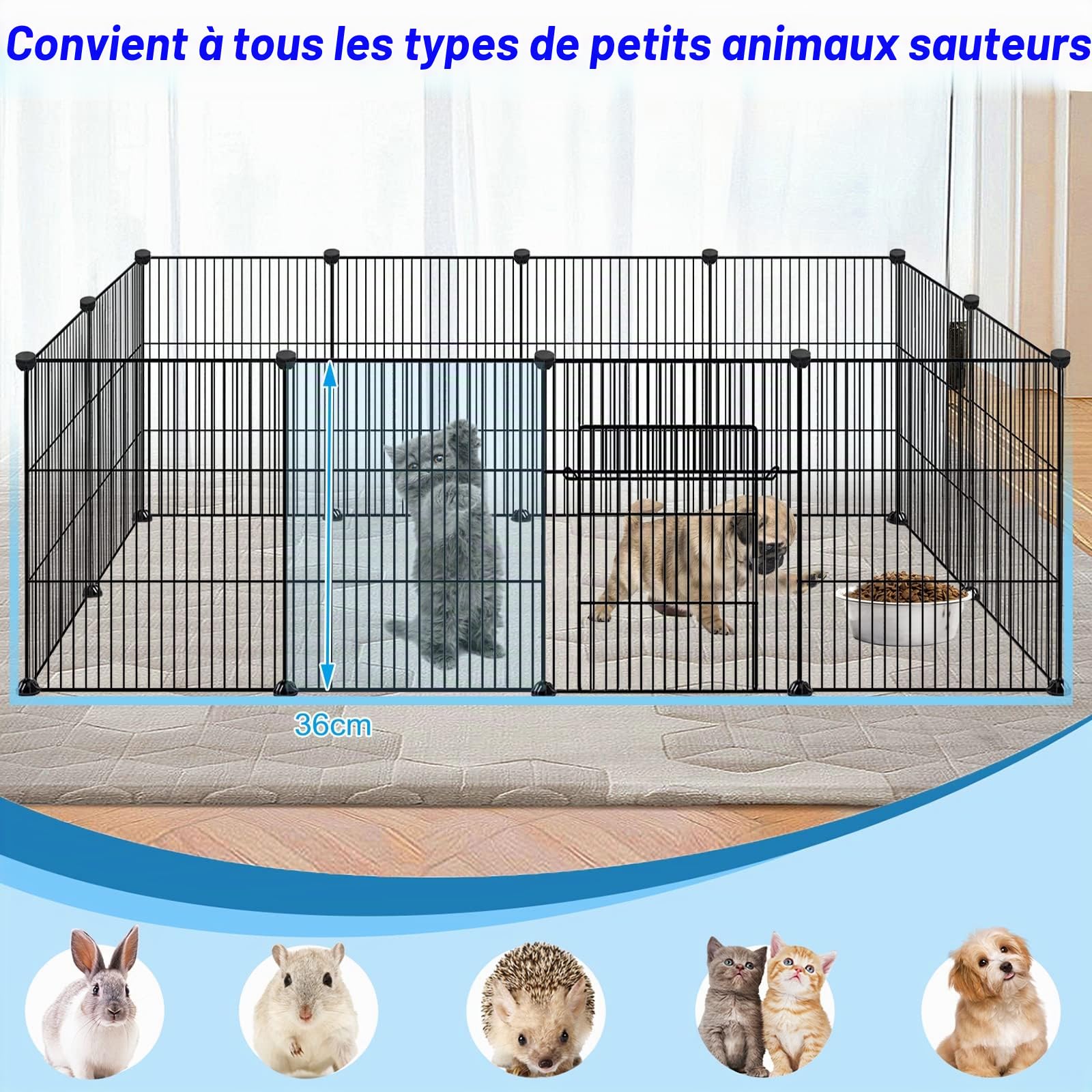 YRHome Enclos en treillis pour lapins, lapins, cochons d'Inde, cages pour petits animaux avec porte, roue libre, enclos pour petits animaux,142 x 72 x 72 cm, noir
