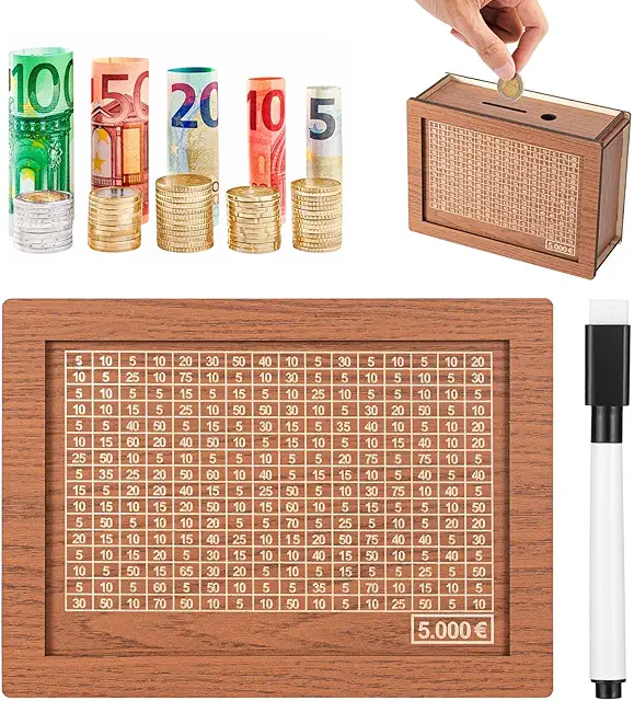 Imagen relacionada con Bczhieulw Hucha Madera,Huchas,Uchas Dinero Adultos,Hucha Ahorro,Alcancia para Adultos,Bank Box,Hucha Reutilizable con números para marcar y Objetivo de Ahorro (5000€)