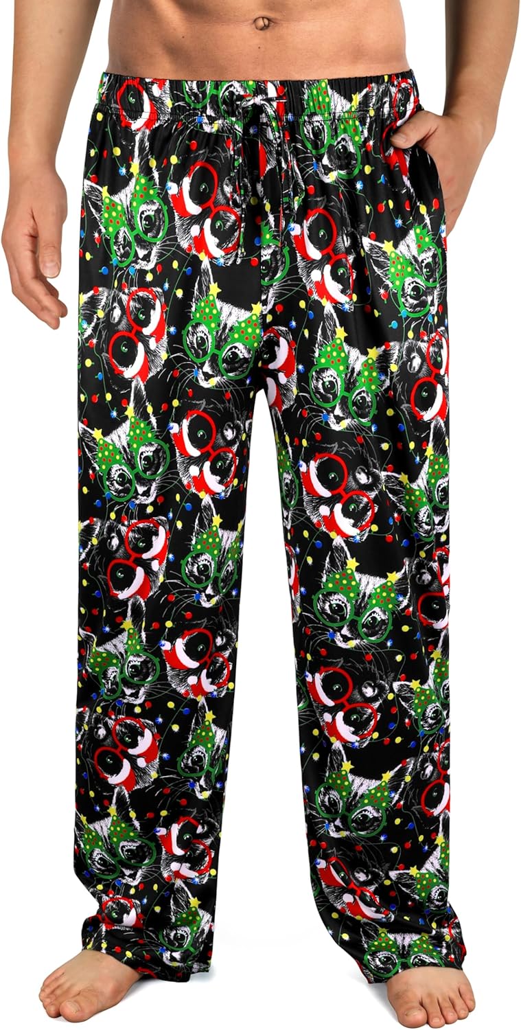 Mens Christmas Pajama Pants,Novelty Funny Soft Pj Sleep Lounge Bottoms with Pockets & Drawstring