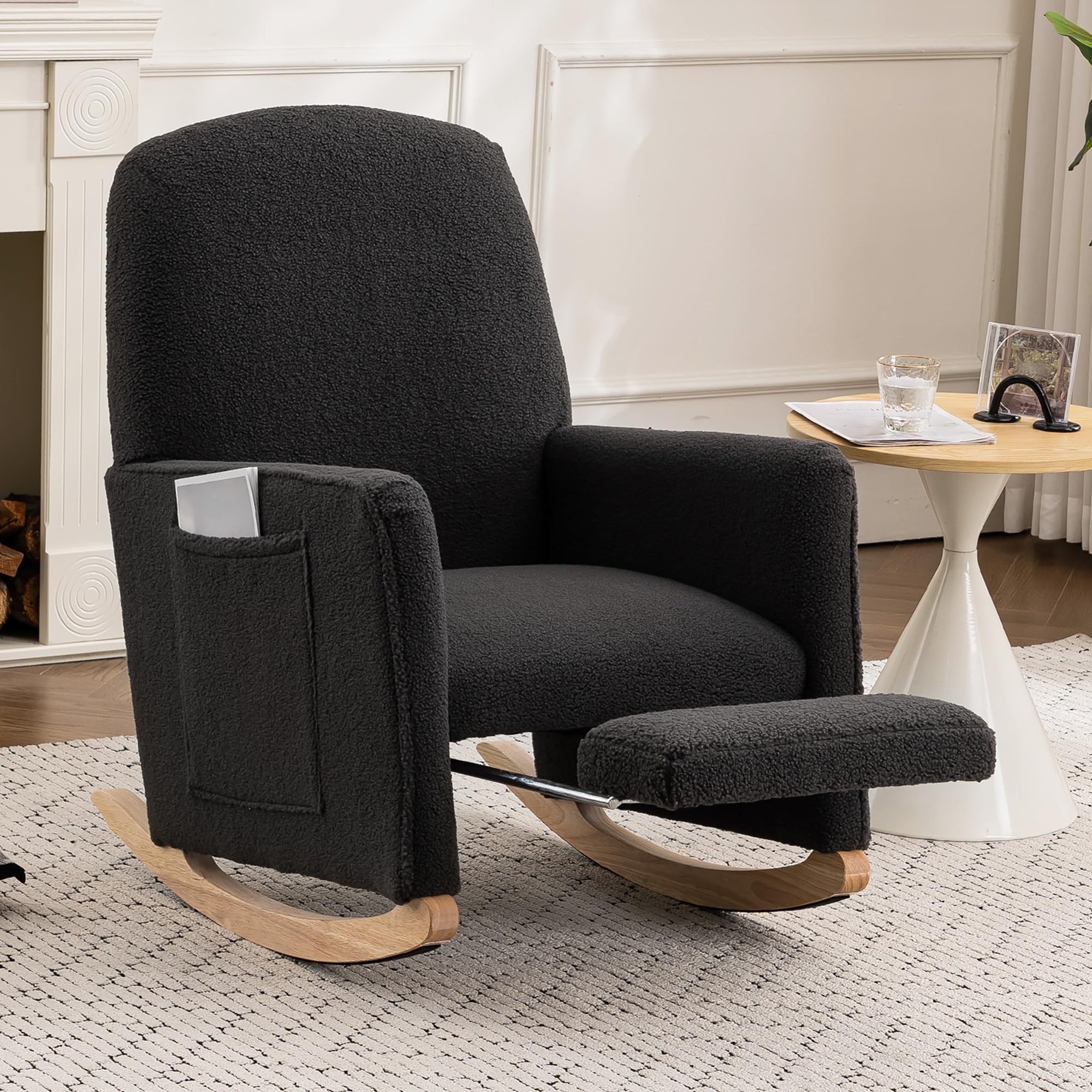 Silla Mecedora de Tela con reposapiés, Mecedora con reposabrazos y Respaldo Alto, Silla de Lectura con Bolsillos Laterales, sillón Relax con pie de Roble, sillón de Relax (Gris Oscuro)