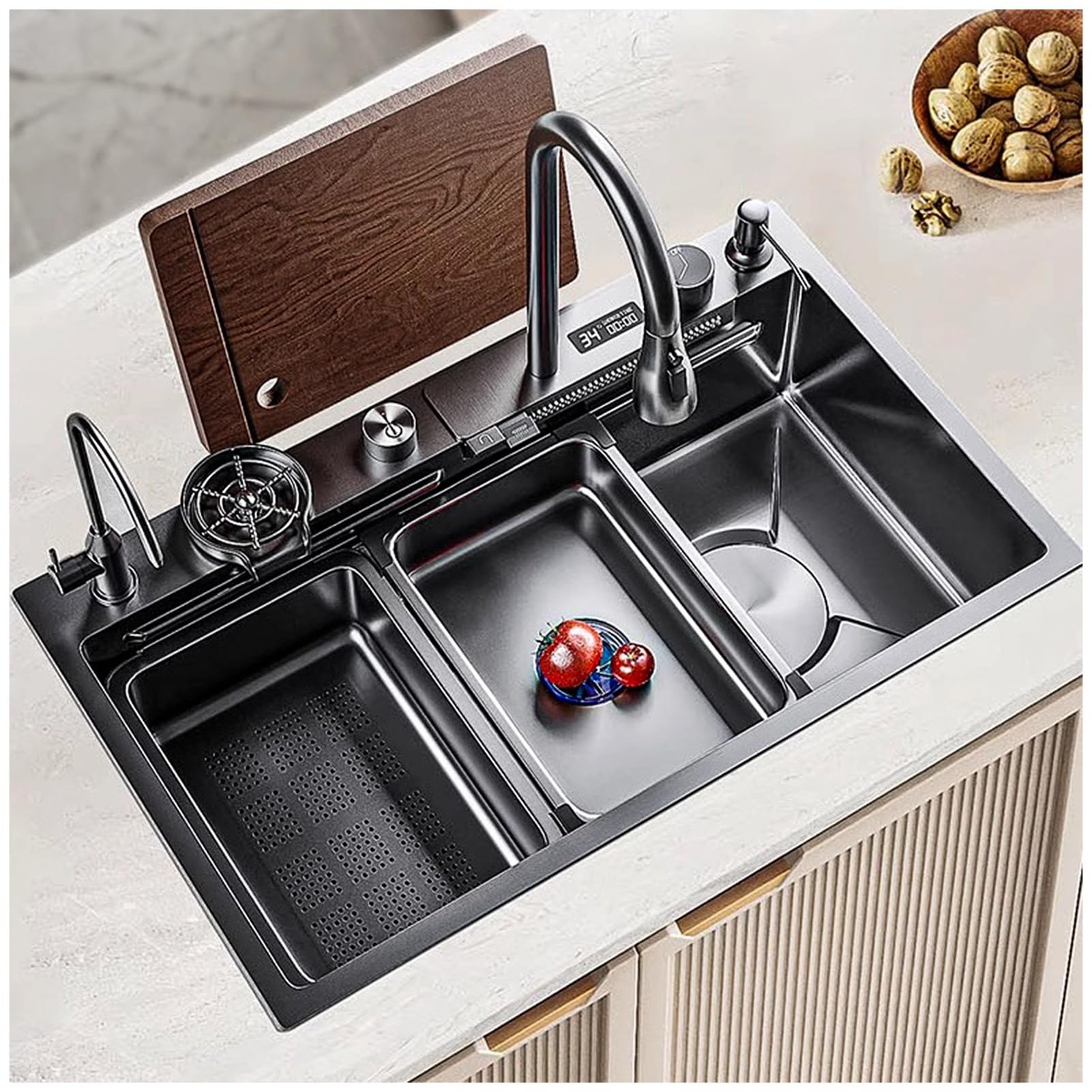 ZQFHSX Single Bowl Flying Rain Waterfall Household Sink,Kitchen Sink, Workstation Domestic Set,Integrated With Pull-Out Tap,Drain Basket (Color : Black Grey, Size 75x45x22cm)