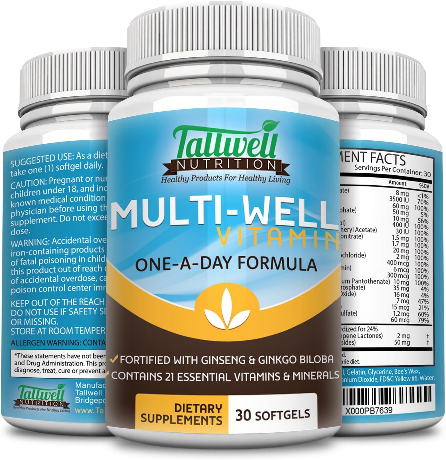Liquid Multivitamins, Ginseng, Gingko Biloba, 100% Vitamin C, E, Biotin, Maximum Vitamins & Minerals, Brain Boosters, Helps Enhance Memory & Antioxidants for Better Health, 30 Liquid Soft Gels