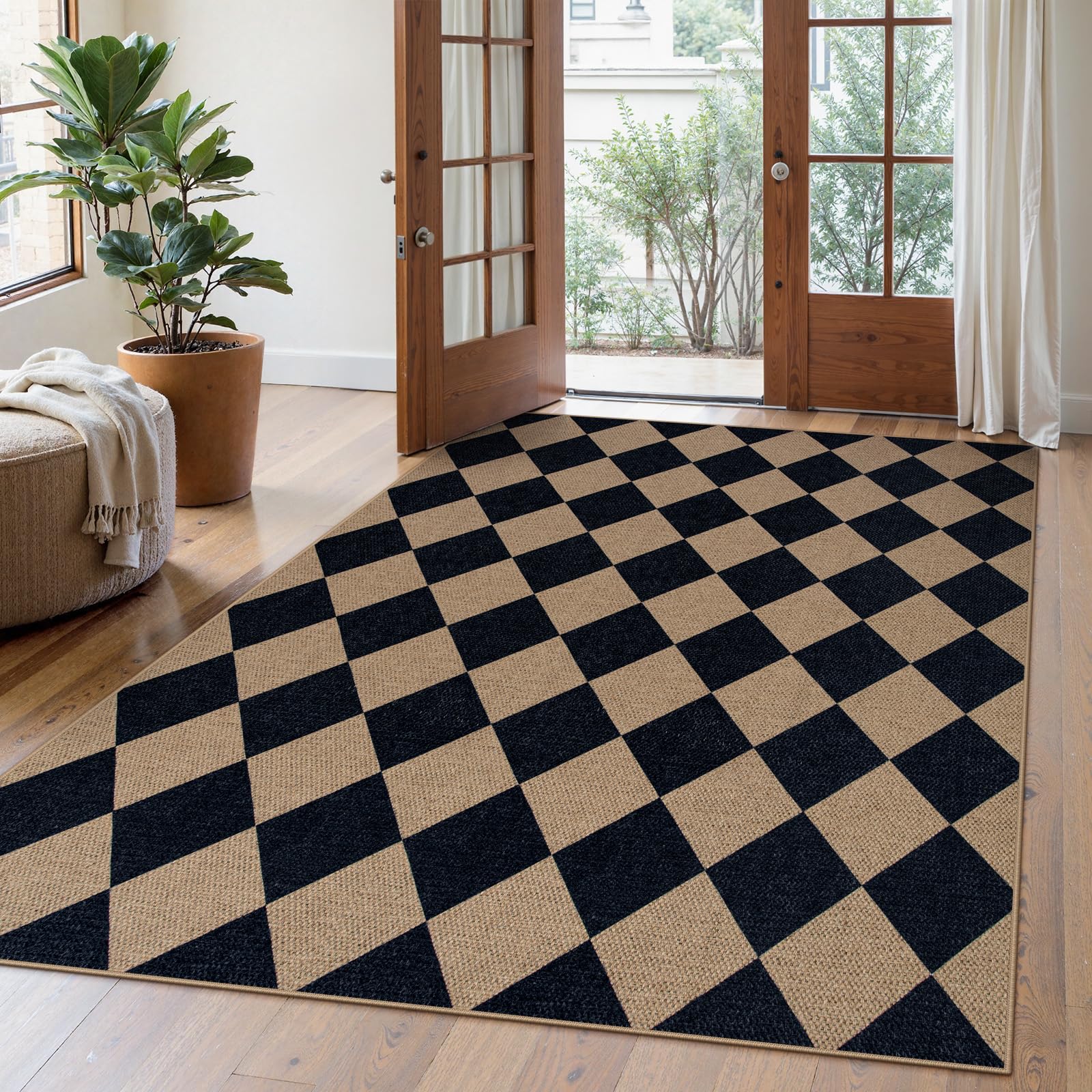 Lahome Checkered Easy Jute Outdoor Rug 5x7 Area Rugs for Living Room Nature Large Dining Room Carpet Farmhouse