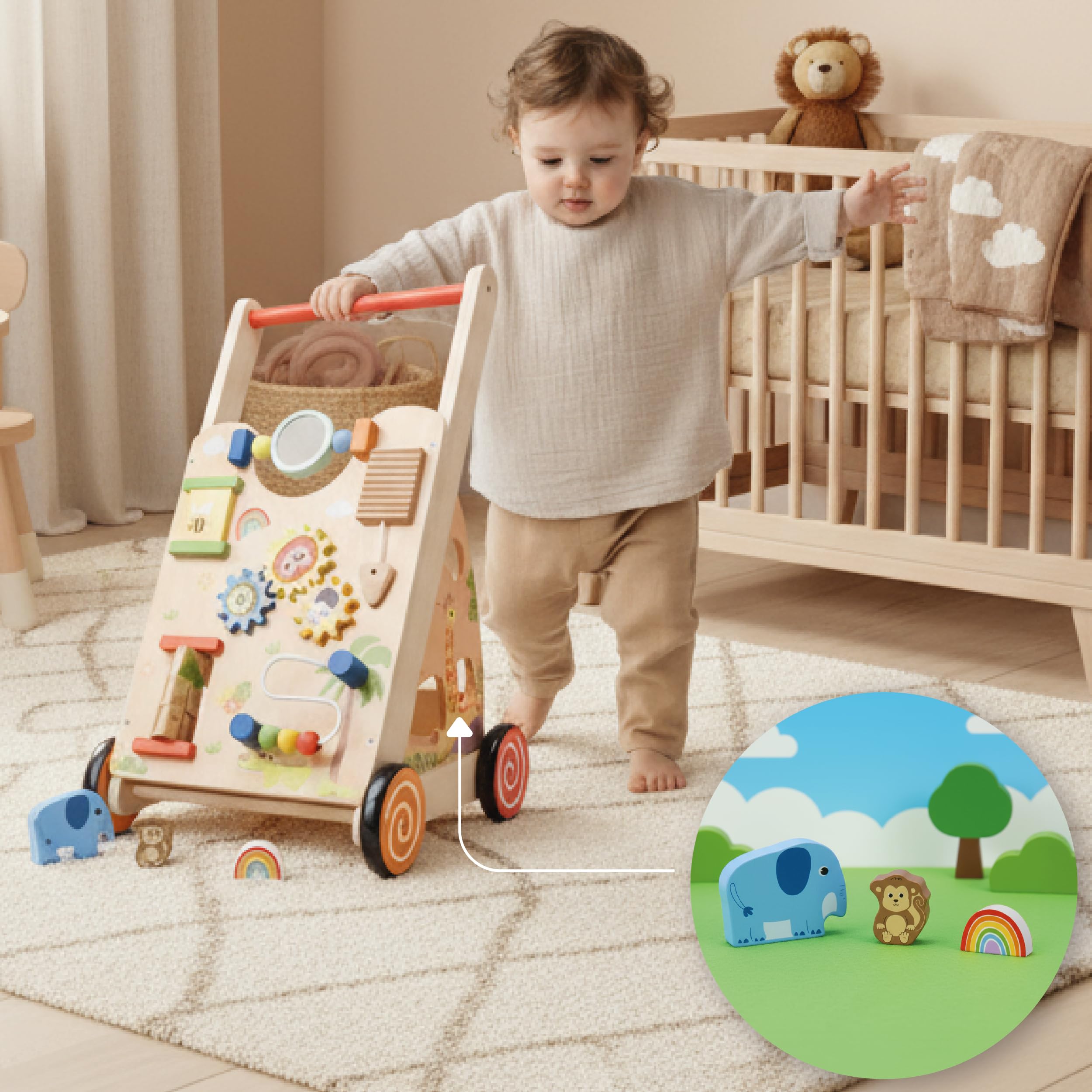 SUN BABY Interactive Baby Push Walker 12-36 Months - Brown | Activity board, interactive toys and stable wheels