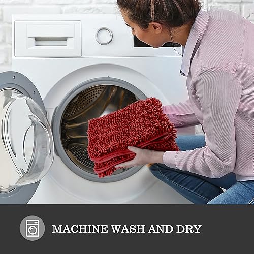 Miniatura 5 de Yeaban Alfombras de baño color burdeos, tapetes de baño de felpilla gruesa, absorbentes y lavables, antideslizantes, de felpa y suaves para suelo de