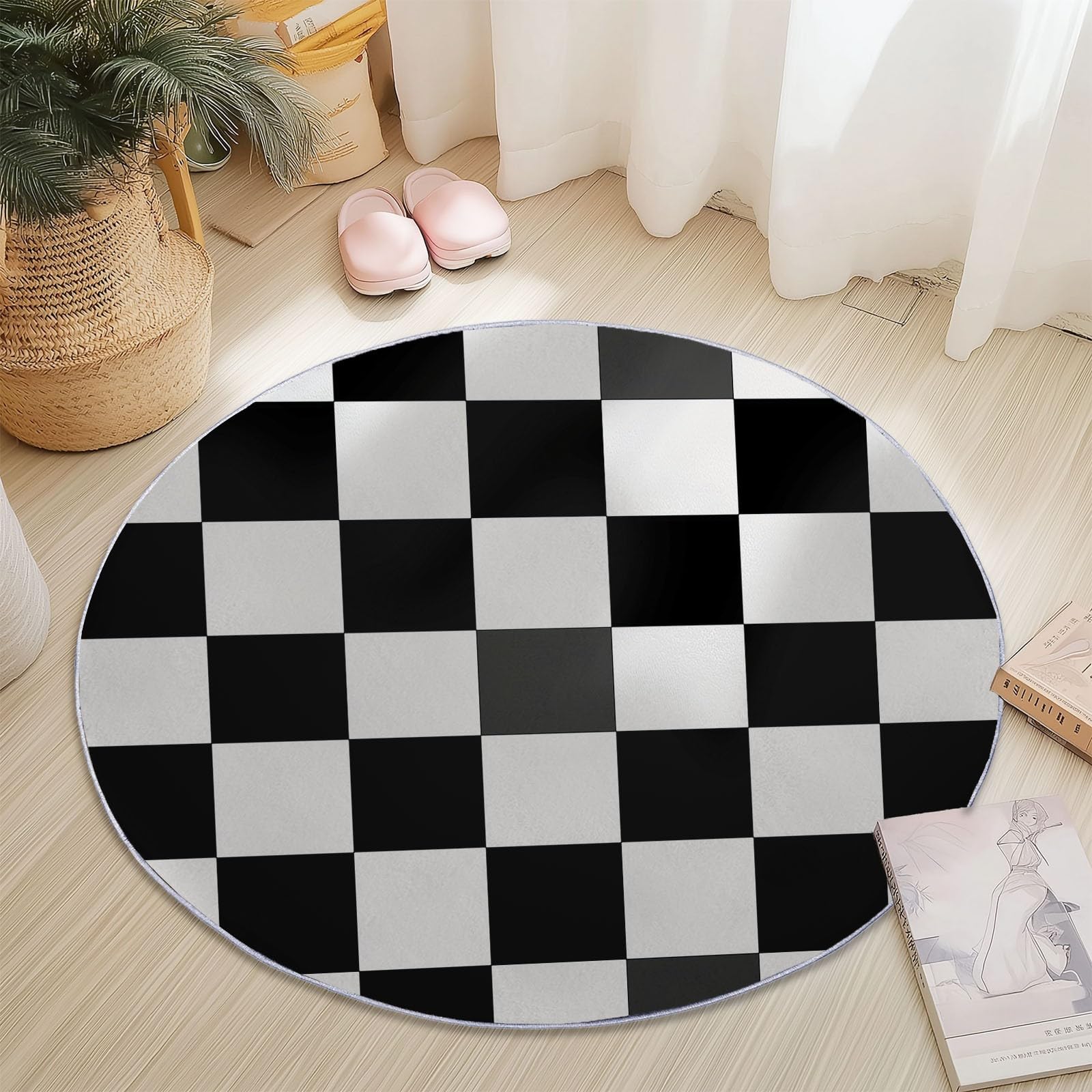 Tapis Rond de 140 cm en Flanelle Douce aux Motifs de Carreaux et Rayures Noir et Blanc. Un Classique indémodable pour Habiller Le Sol d'une entrée, d'un Salon scandinave ou d'un Bureau.