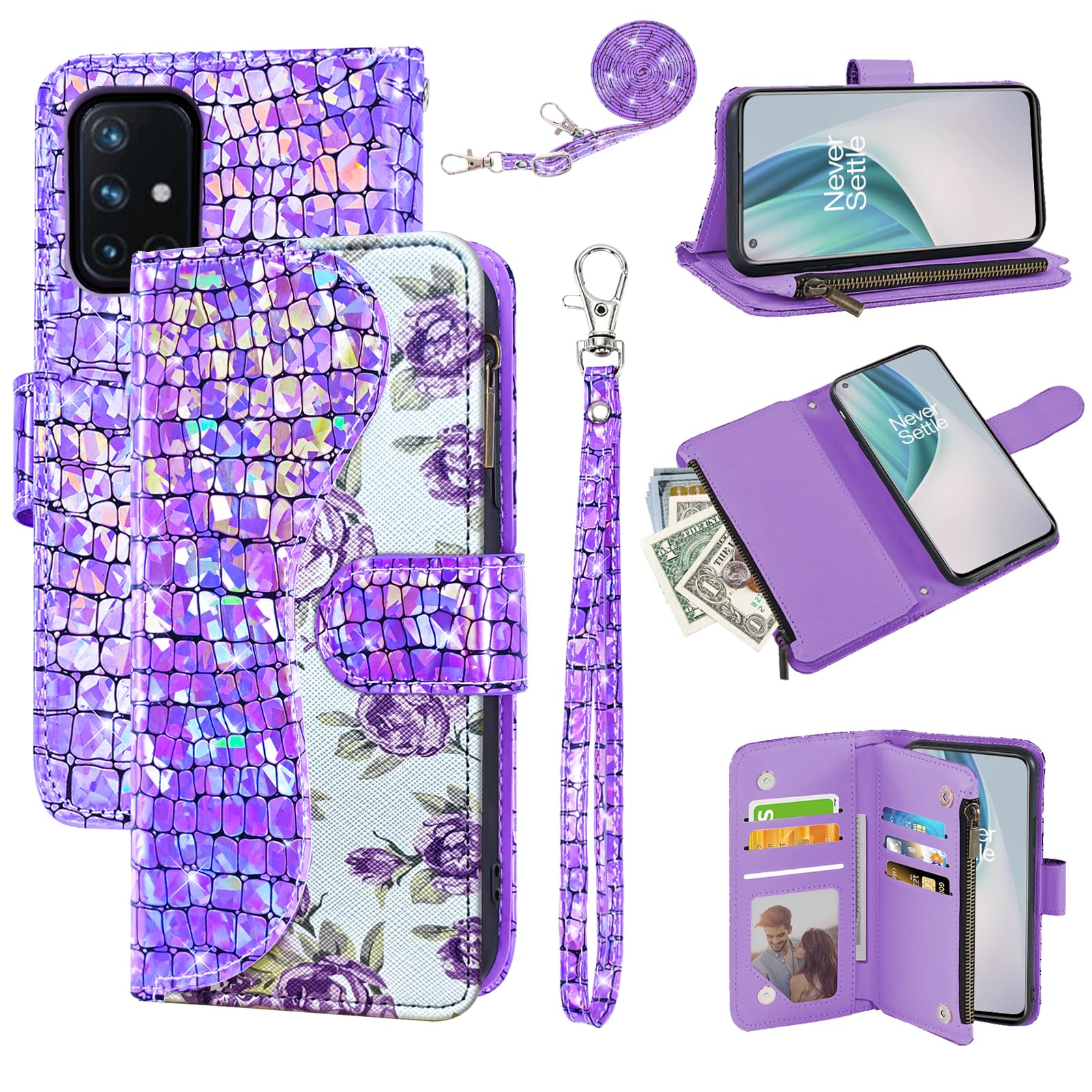 Dibosom Floral Wallet Case for OnePlus Nord N10 5G with Wrist Strap Shoulder Strap Flip Zipper Purse Card Holder,Stand Glitter Phone Cover for One