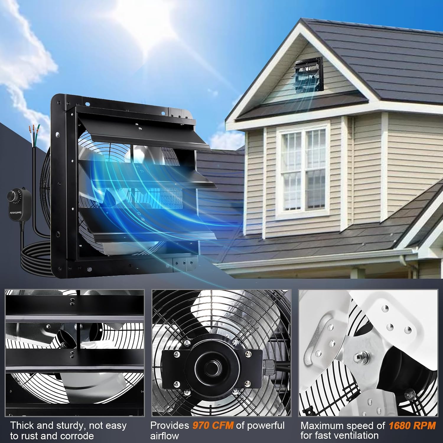 Hiorucet 12" Wall Mounted Shutter Exhaust Fan with Speed Controller and Power Cord Kit, Adjustable Temperature Thermostat with Fire Shut Off Fuse, 60HZ, 60W, Copper Motor, Automatic Shutter Attic Fan