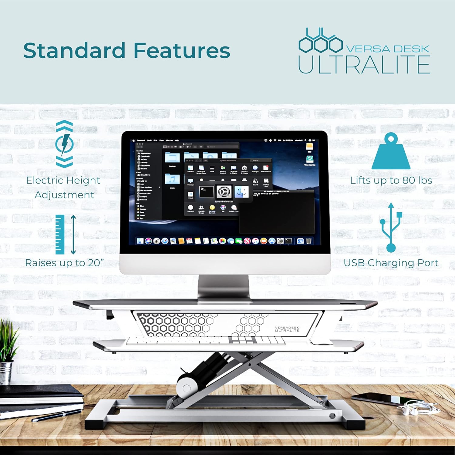 VersaDesk Ultralite Standing Desk Converter | Made in USA | Electric Height-Adjustable Desk Riser | Sit to Stand Desktop with Keyboard + Mouse Tray + USB Port | 36" x 24" - White : Office Products
