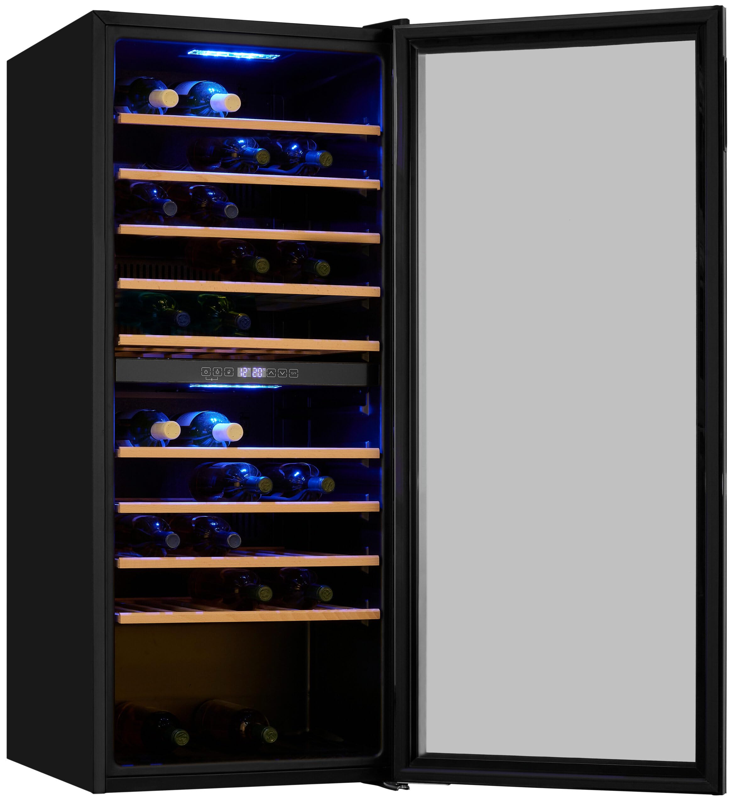 Exquisit® Vinoteca para 114 Botellas, 220L, Negro, Clase G, Dos Zonas de Temperatura 5-20°C, Control Digital LCD, Puerta de Cristal Reversible, Medidas (129,0 x 55,2 x 57,5 cm)