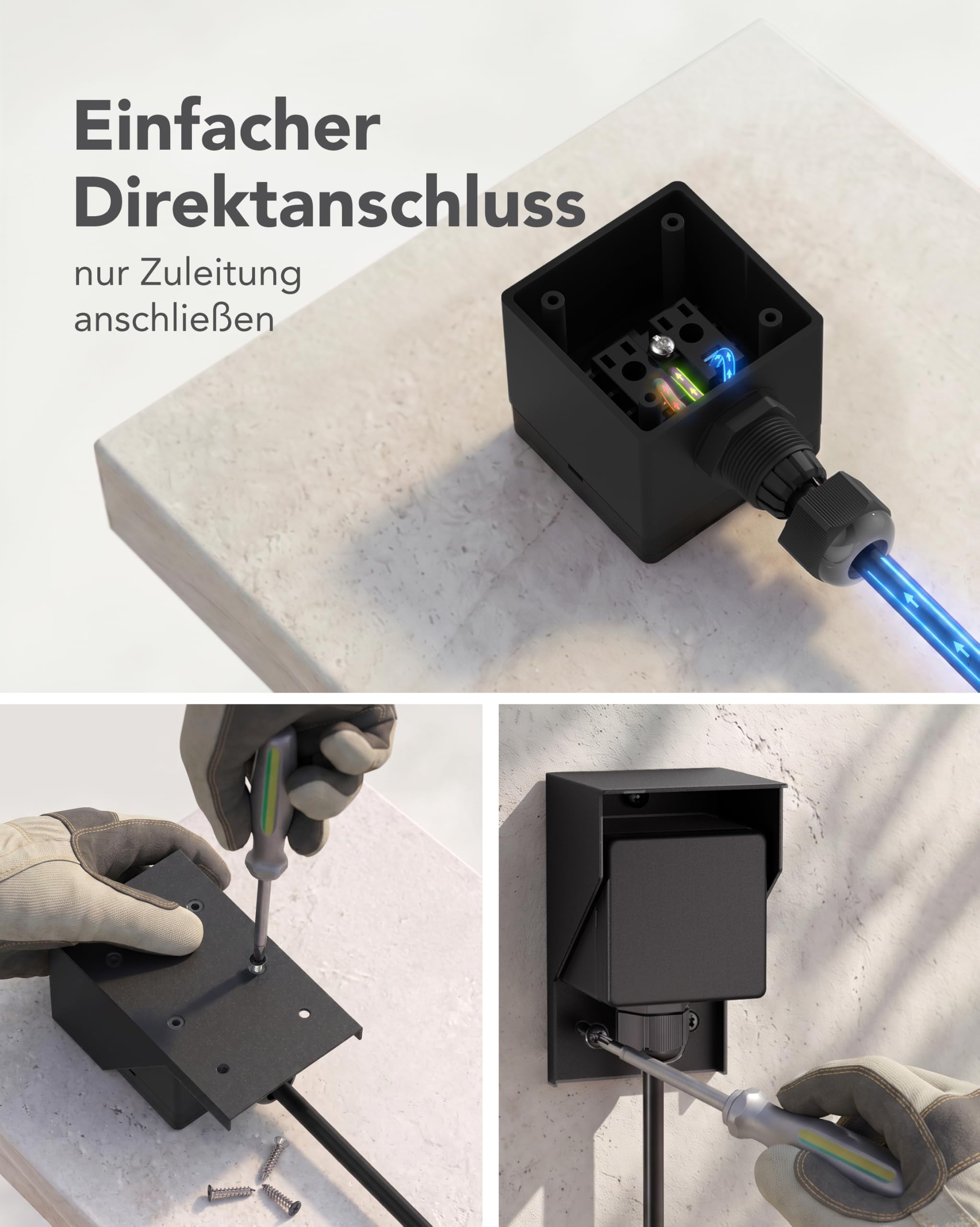 ledscom.de 3x Aufputz Steckdose PIWI für außen und 2m Kabel, IP44, 1-fach, schwarz