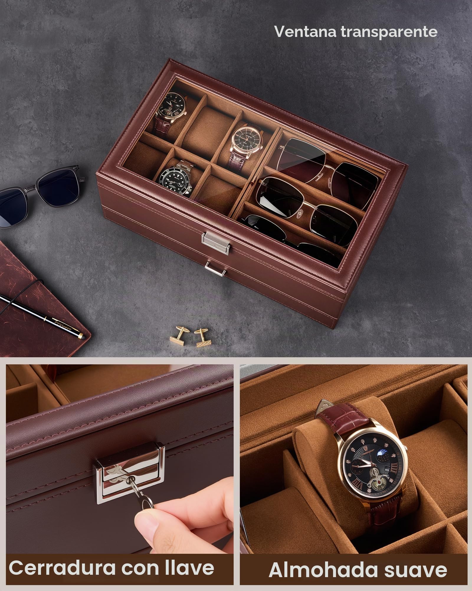 ProCase Caja Joyero para Hombres con Cerradura, 6 Espacios Relojes, PU Cuero, Marrón