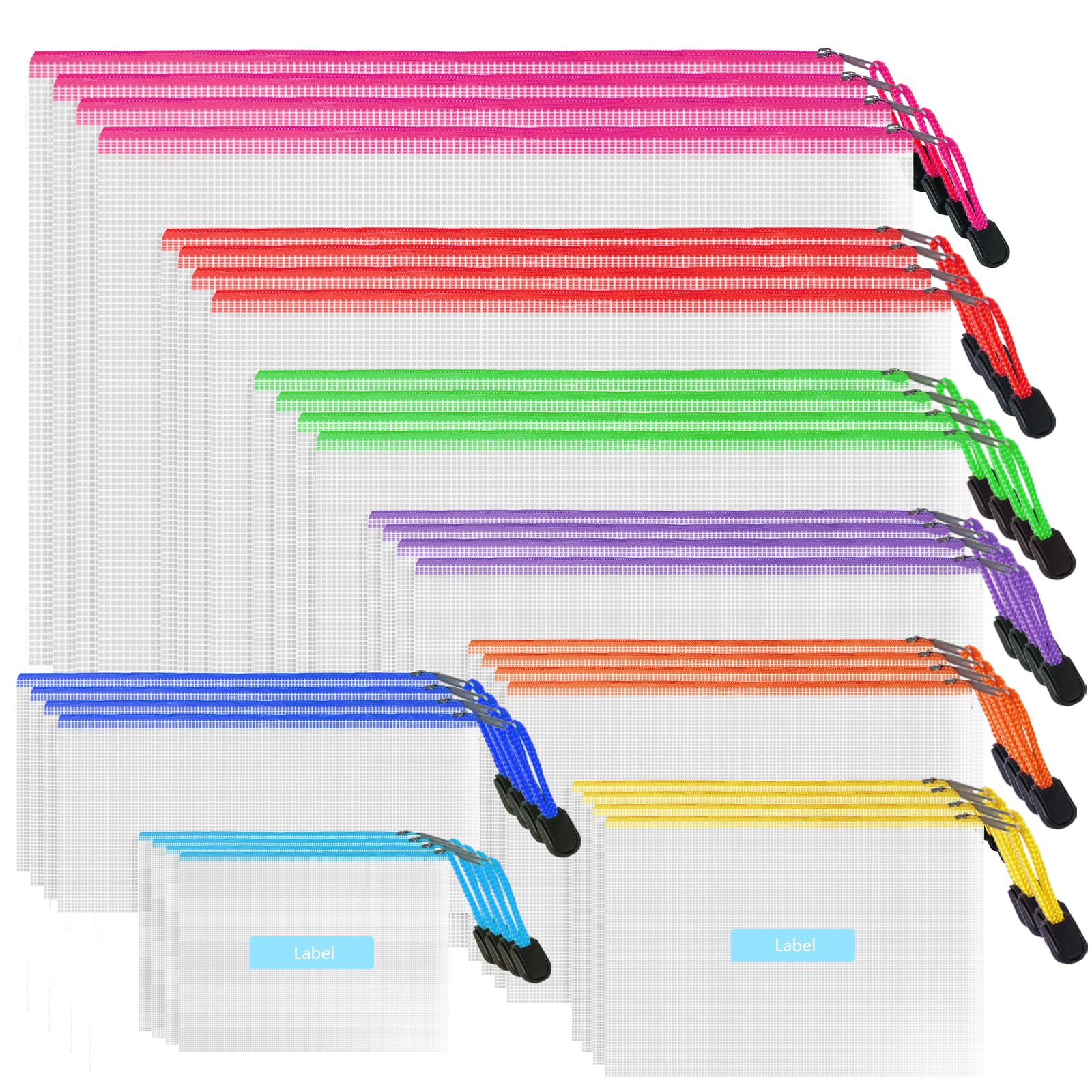 Plastic Wallets Zip Folders - 32PCS Zip Lock Bags Waterproof Document File Folders Mesh Zipper Pouches Storage Bags for School, Office Supply, Home and Travel (8 Sizes - B4 A4 B5 A5 B6 A6 Bill B8)