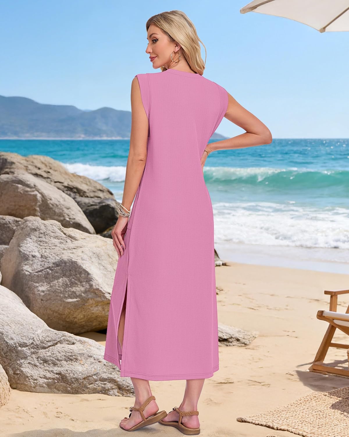 MISFAY Summer Dresses for Women 2026 Waffle Knit Long Maxi Sundresses Cap Sleeve Loose Beach T Shirt Dress - Image 3