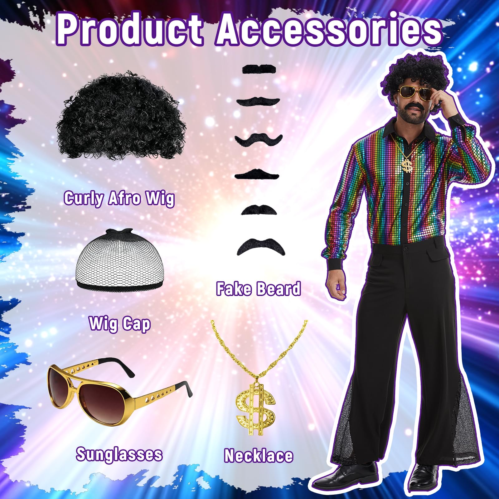 Fantazyjny kostium dla mężczyzn z lat 70. XX wieku, strój retro z akcesoriami na imprezy w stylu retro i Halloween.
