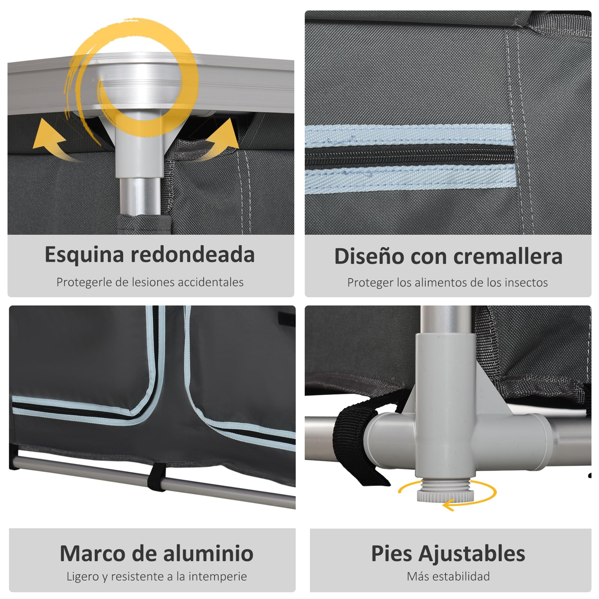 Outsunny Armario de Camping Plegable Mueble de Cocina para Camping con 3 Estantes Compartimento Puerta con Cremallera Estructura de Aluminio y Bolsa de Transporte para Exterior 96x49,5x104 cm Gris