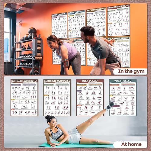 Miniatura 5 de gisgfim 12 pósteres de entrenamiento para mancuernas de gimnasio en casa, peso corporal, estiramiento, pesas rusas, yoga, bandas de resistencia,