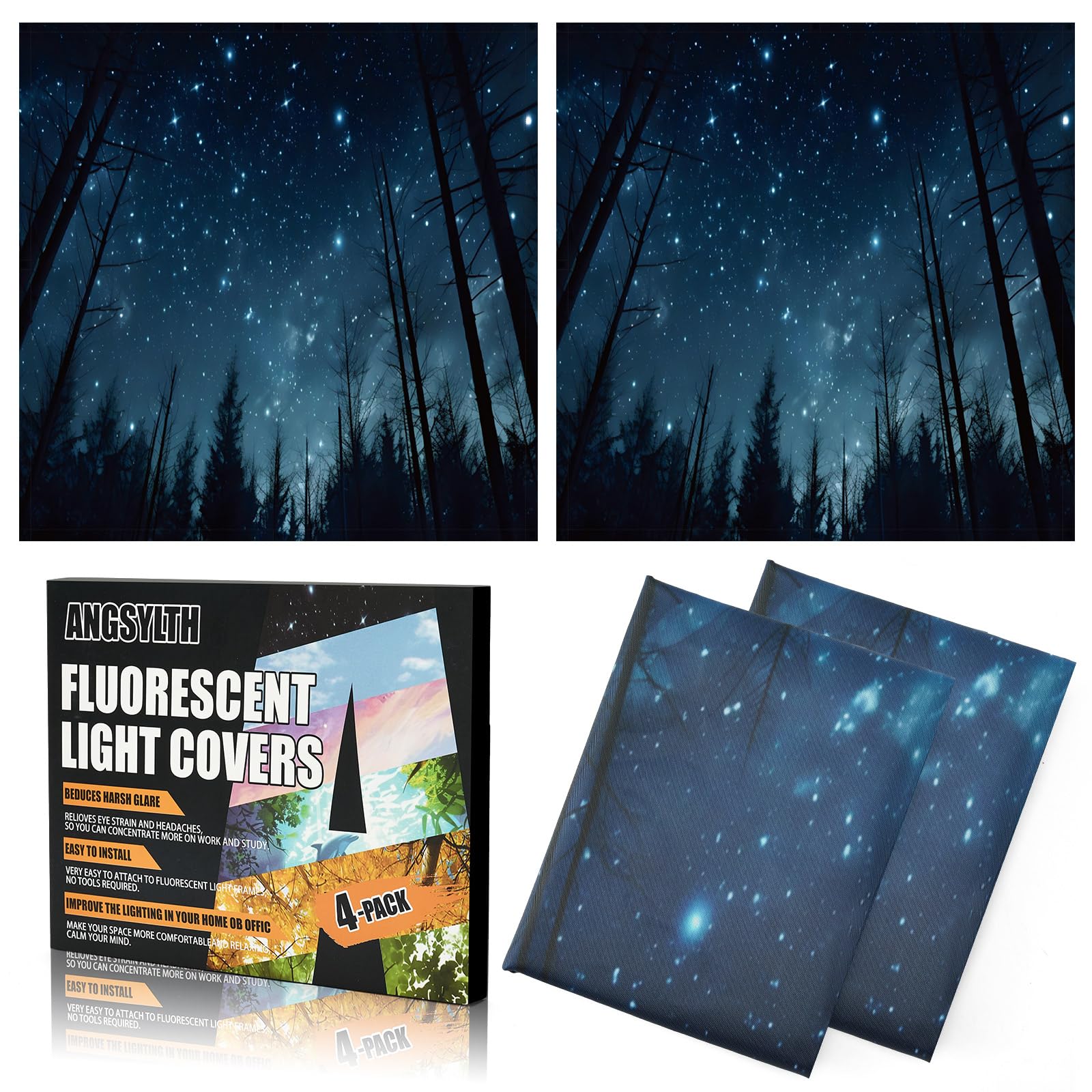 ANGSYLTH 4 Pcs 2x2 Feet Fluorescent Ceiling Light Covers | Magnetic Light Covers for Classroom, Office, Hospitals, Home (Forests &amp; Starry Sky)