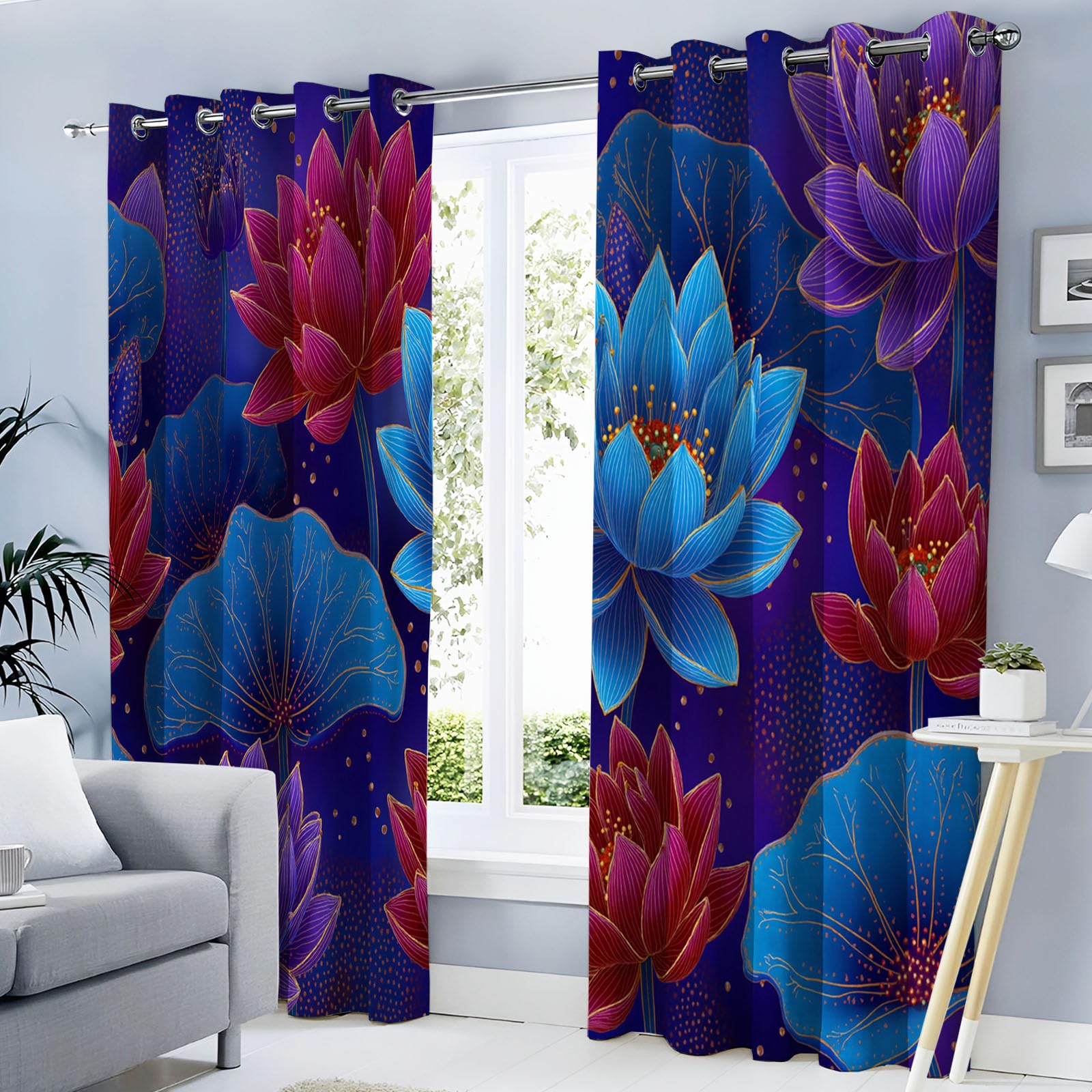 Rideaux thermiques isolants anti froid à motifs fleurs de lotus 132x213 cm