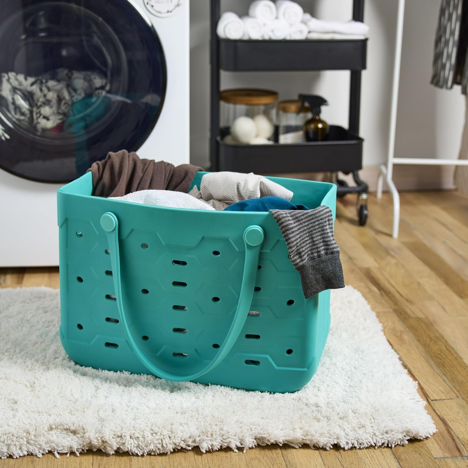 Mainstays Large All Purpose Flex Laundry Tote, Teal – Waterproof & Washable – 18 W x 8.75 D x 13 H