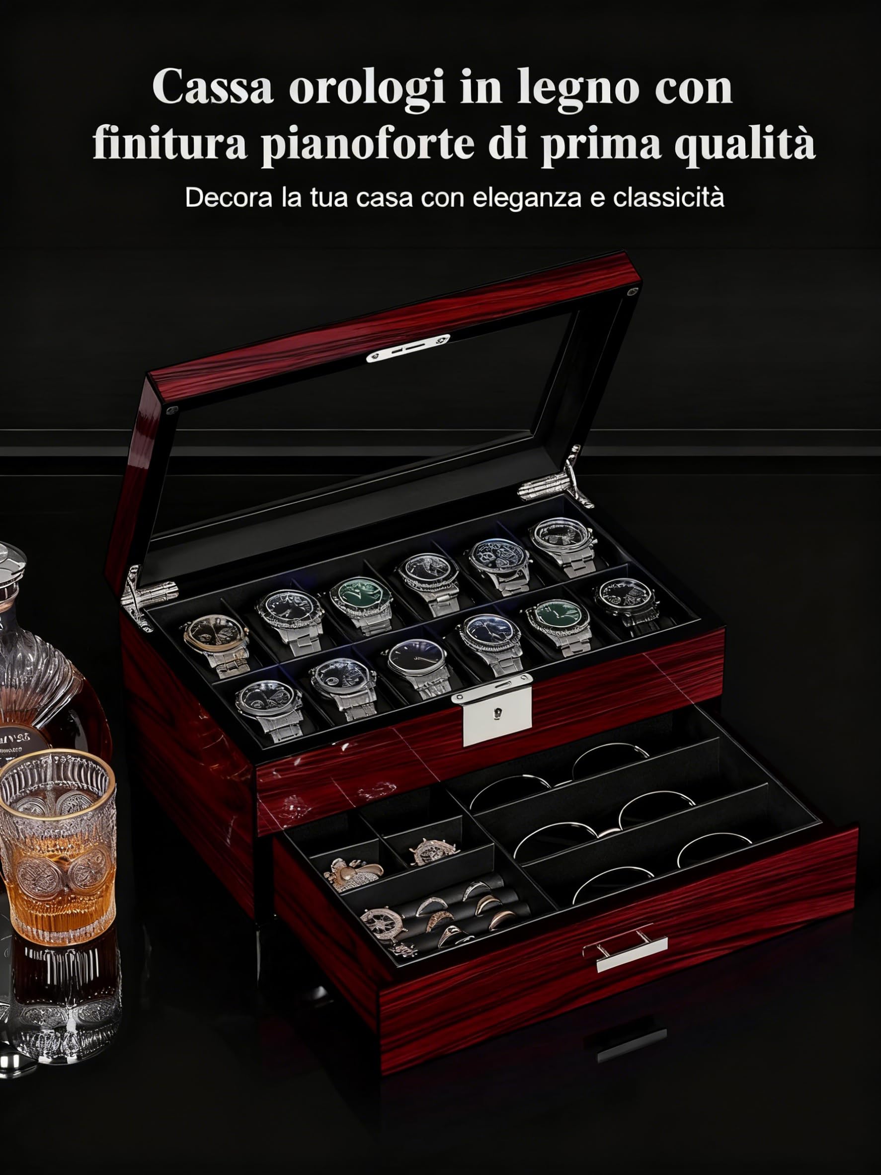 ANWBROAD Custodia per orologi da uomo con coperchio in vetro grande, a 2 livelli, con serratura, organizer per orologi, regalo di lusso JWB003Y