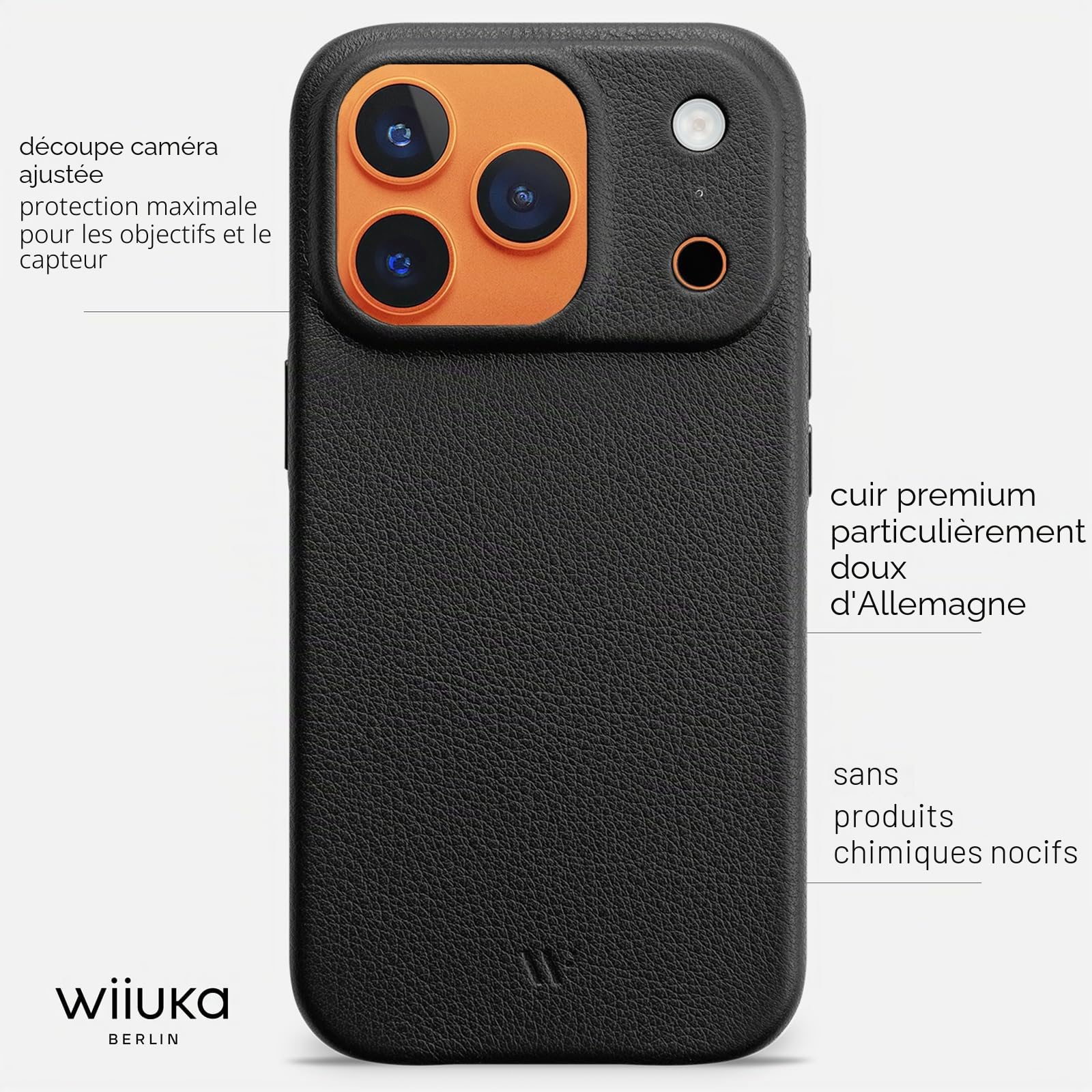 WIIUKA Étui pour iPhone 17 Pro, cuir fabriqué en Allemagne, étui en cuir ultra fin, étui premium, Qi, skiin, Noir