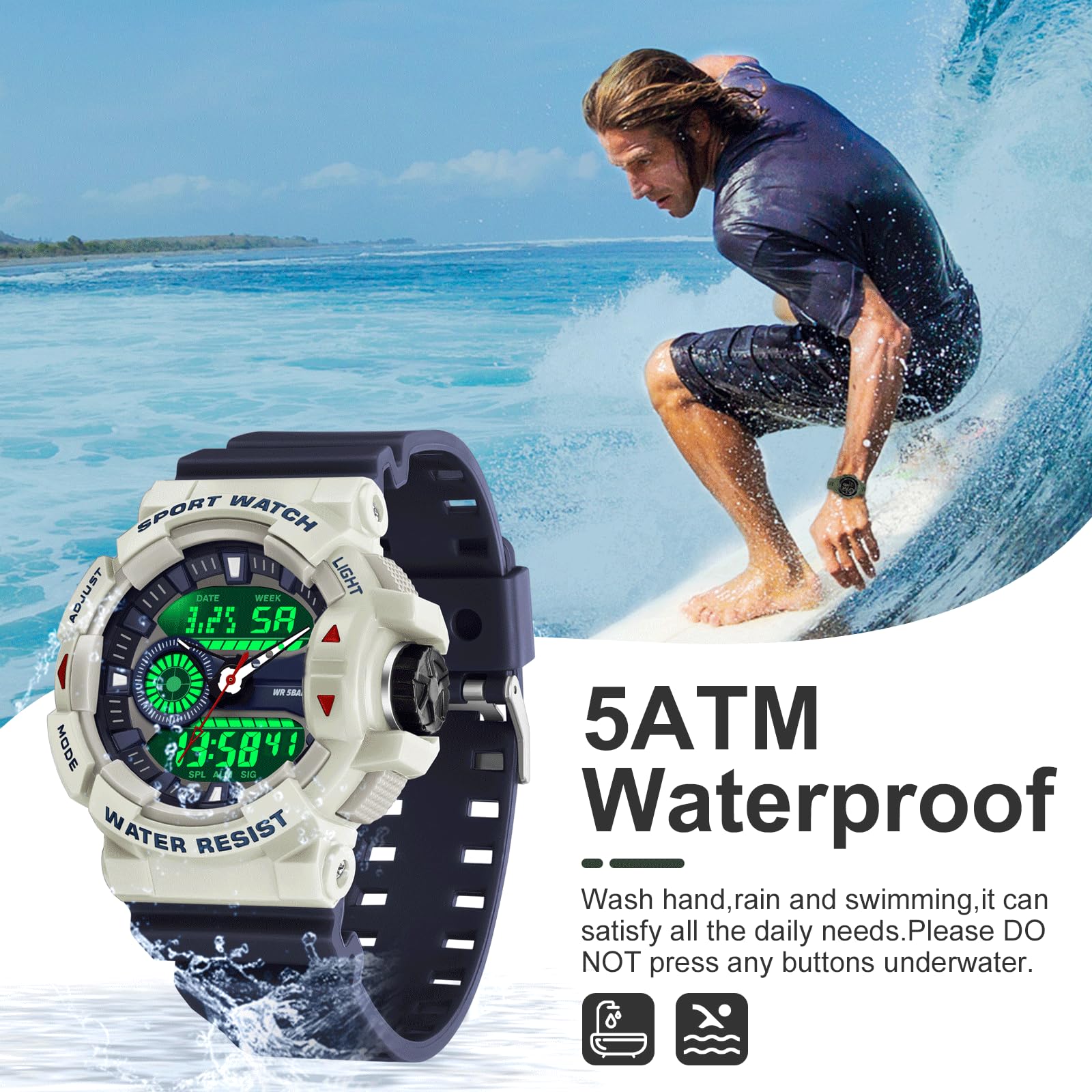 Orologio digitale da uomo, militare, per attività all'aperto, digitale, orologio da polso da uomo, orologio tattico, 5 ATM, impermeabile, analogico, digitale, militare, per uomini, cronometro, ragazzi