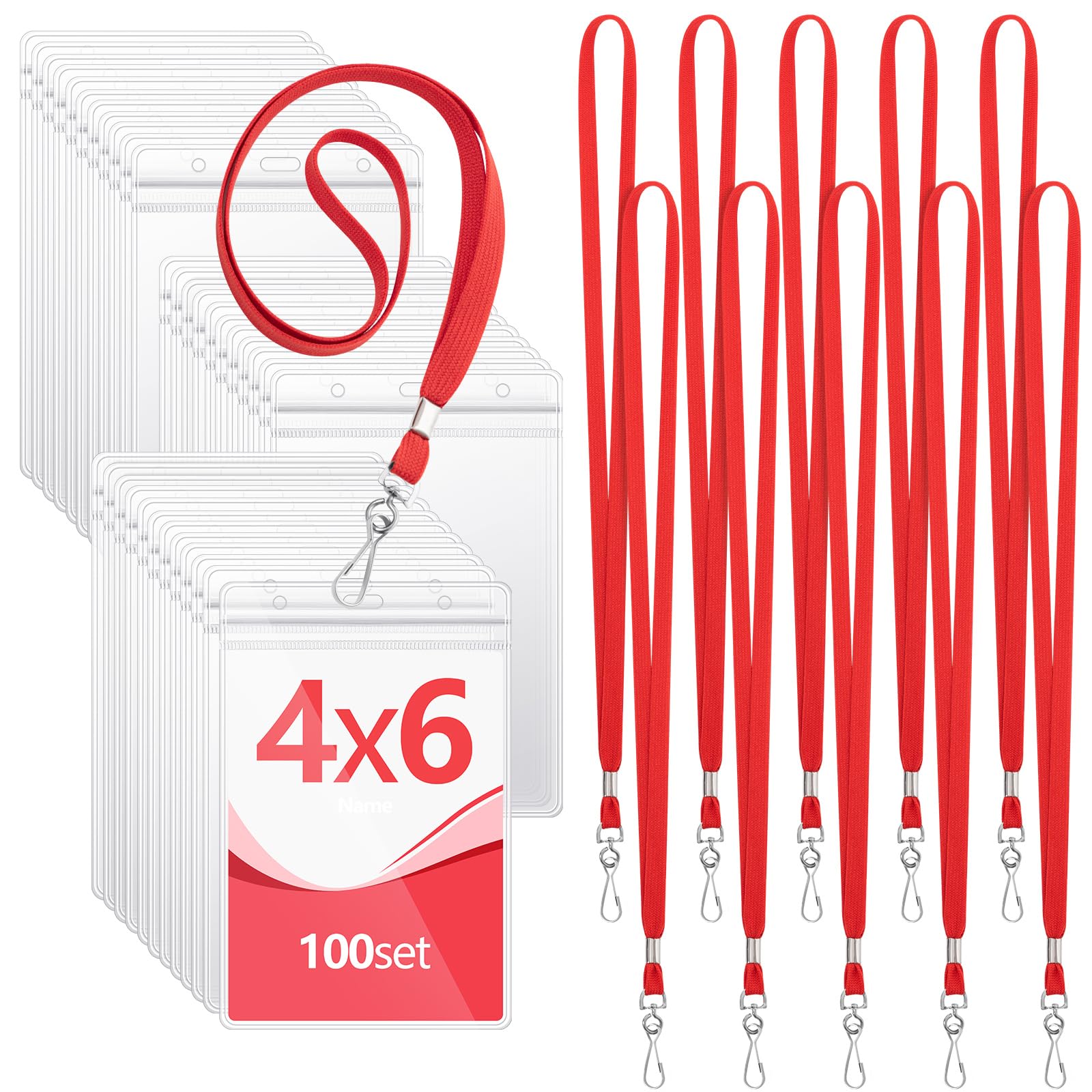 Chuangdi 100 Stück große transparente Ausweishalter mit Umhängeband, wasserdicht, vertikal, Ausweishalter, transparente Kunststoffanhänger, transparente PVC-Beutel für Büro (rotes Schlüsselband)